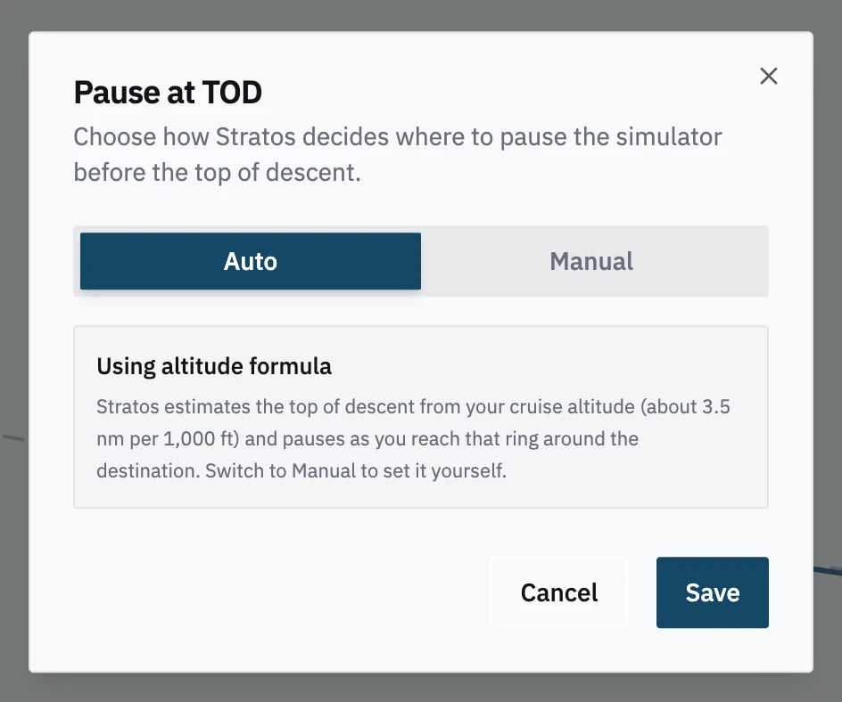 The Pause at TOD dialog on Auto: Using altitude formula, with Manual beside it, and Cancel and Save