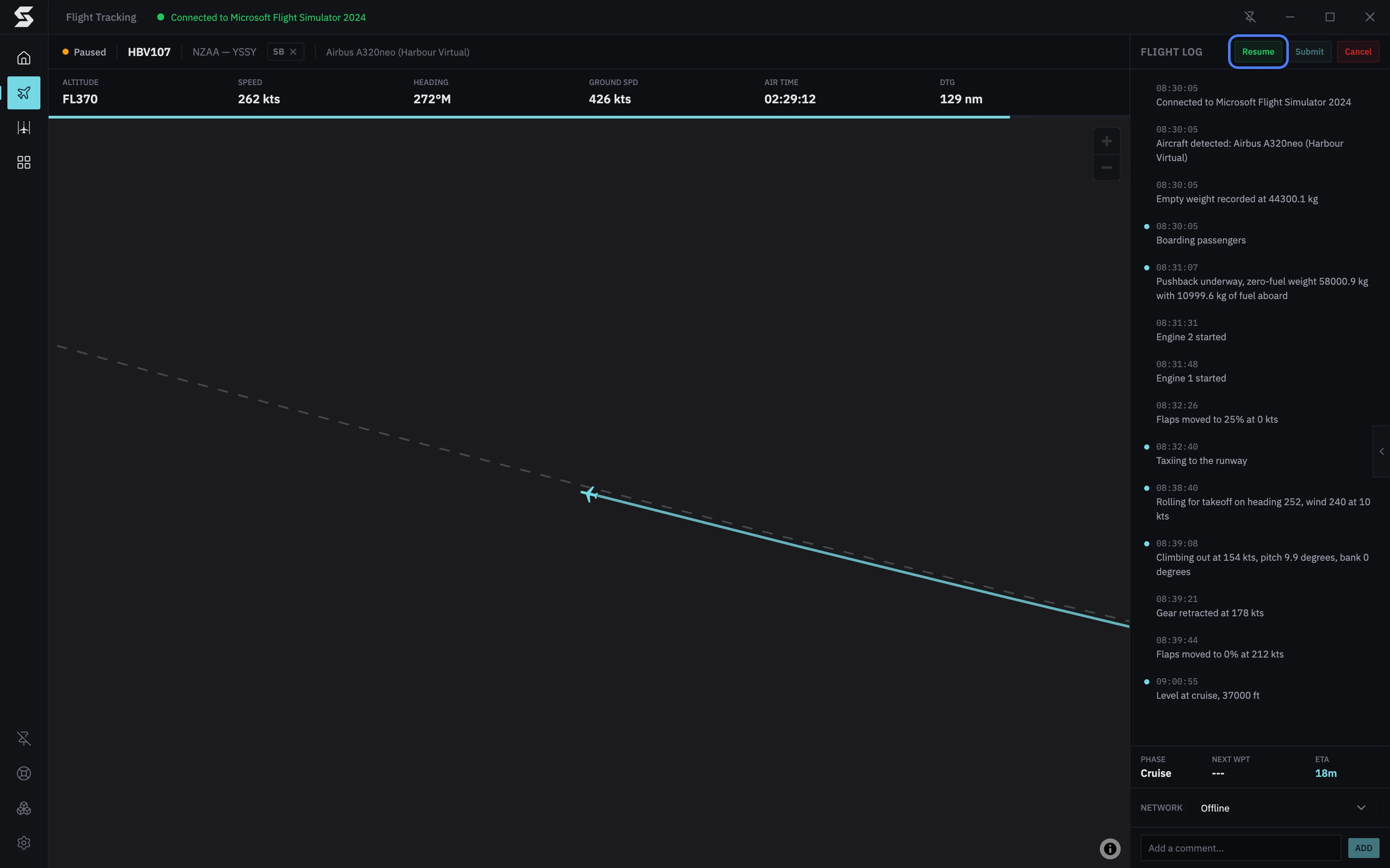 HBV107 paused at FL370, 129 nm from Sydney: Paused in the header, Cruise in the summary row, and Resume at the top of the flight log