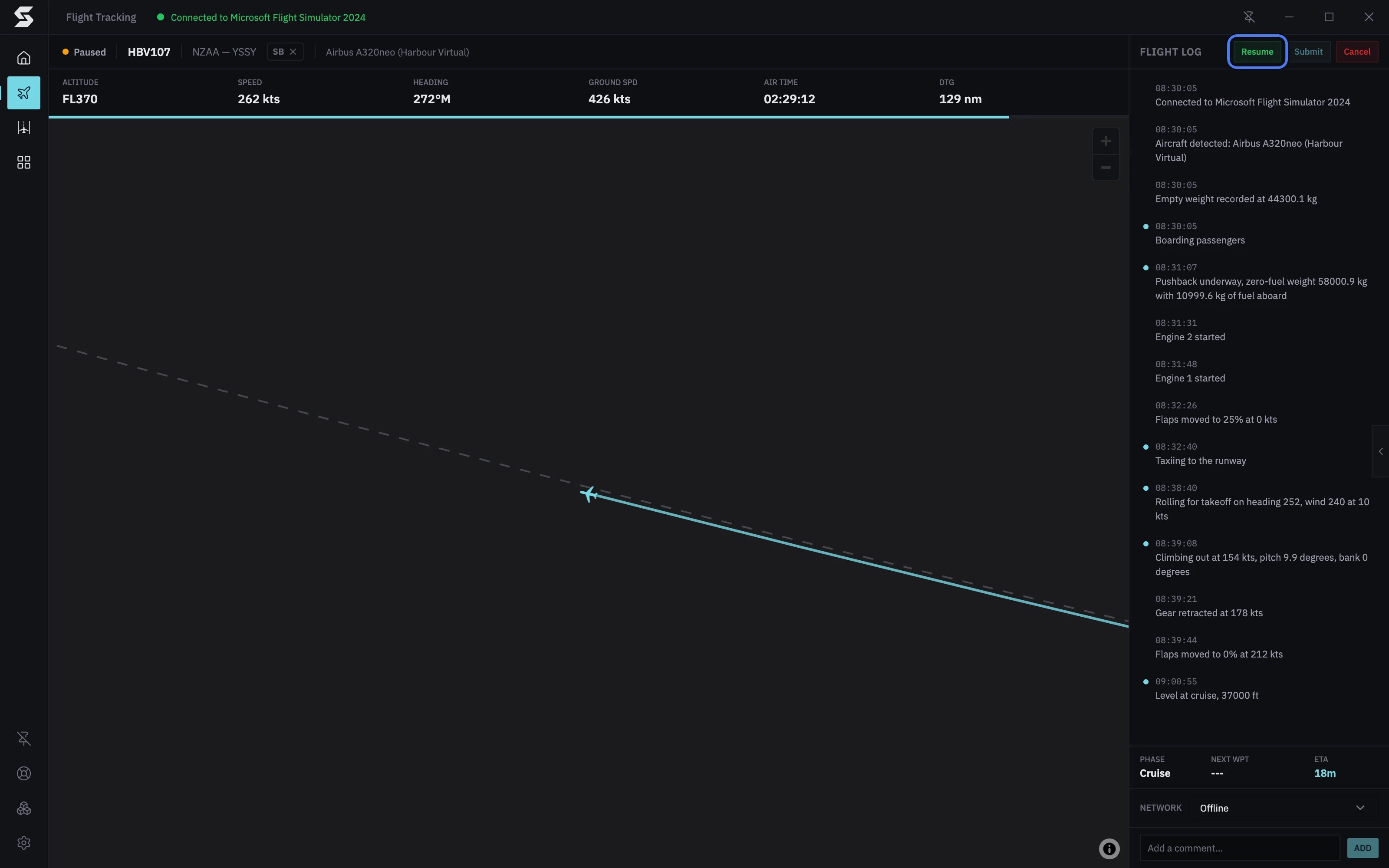 HBV107 paused at FL370, 129 nm from Sydney: Paused in the header, Cruise in the summary row, and Resume at the top of the flight log