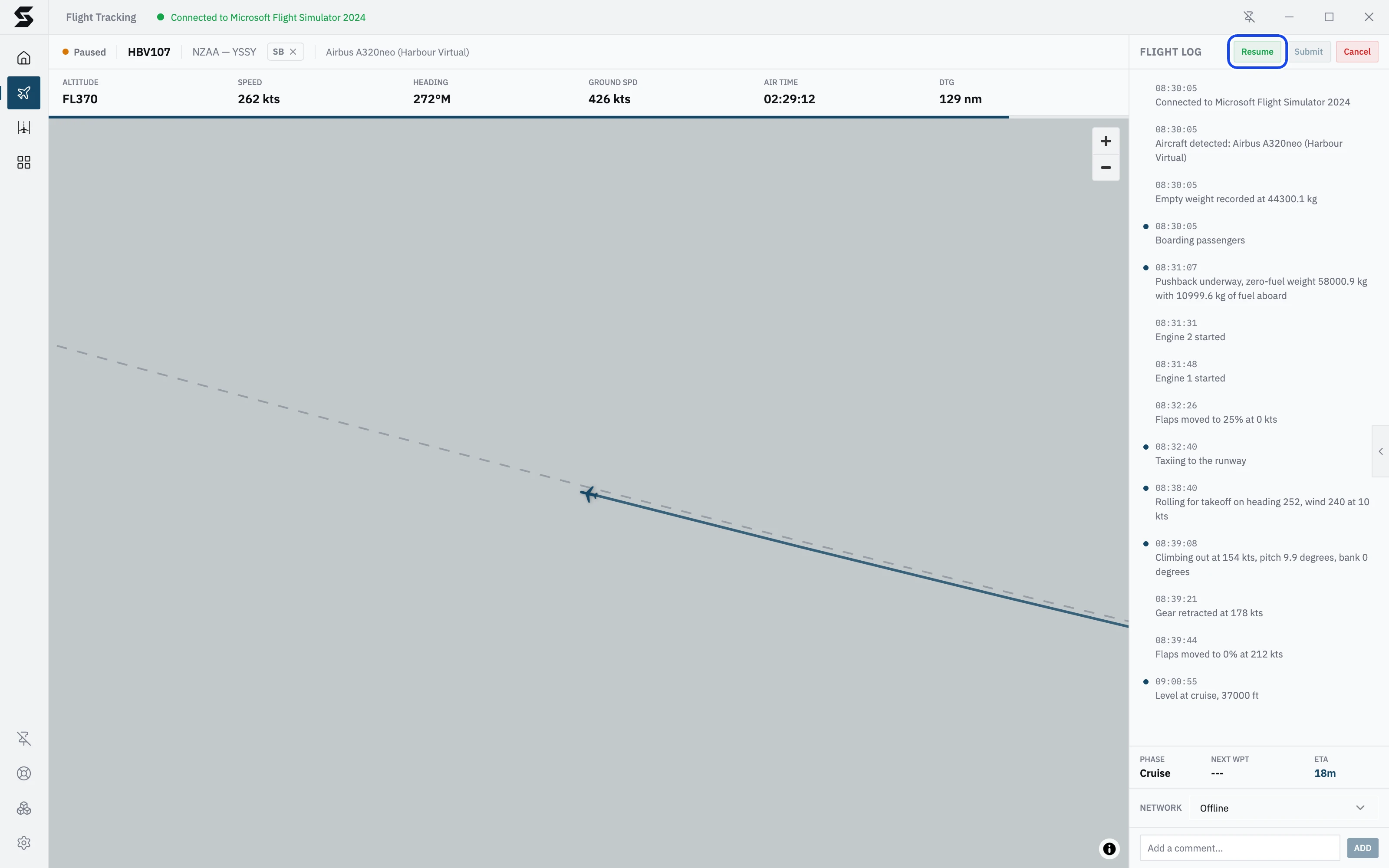 HBV107 paused at FL370, 129 nm from Sydney: Paused in the header, Cruise in the summary row, and Resume at the top of the flight log