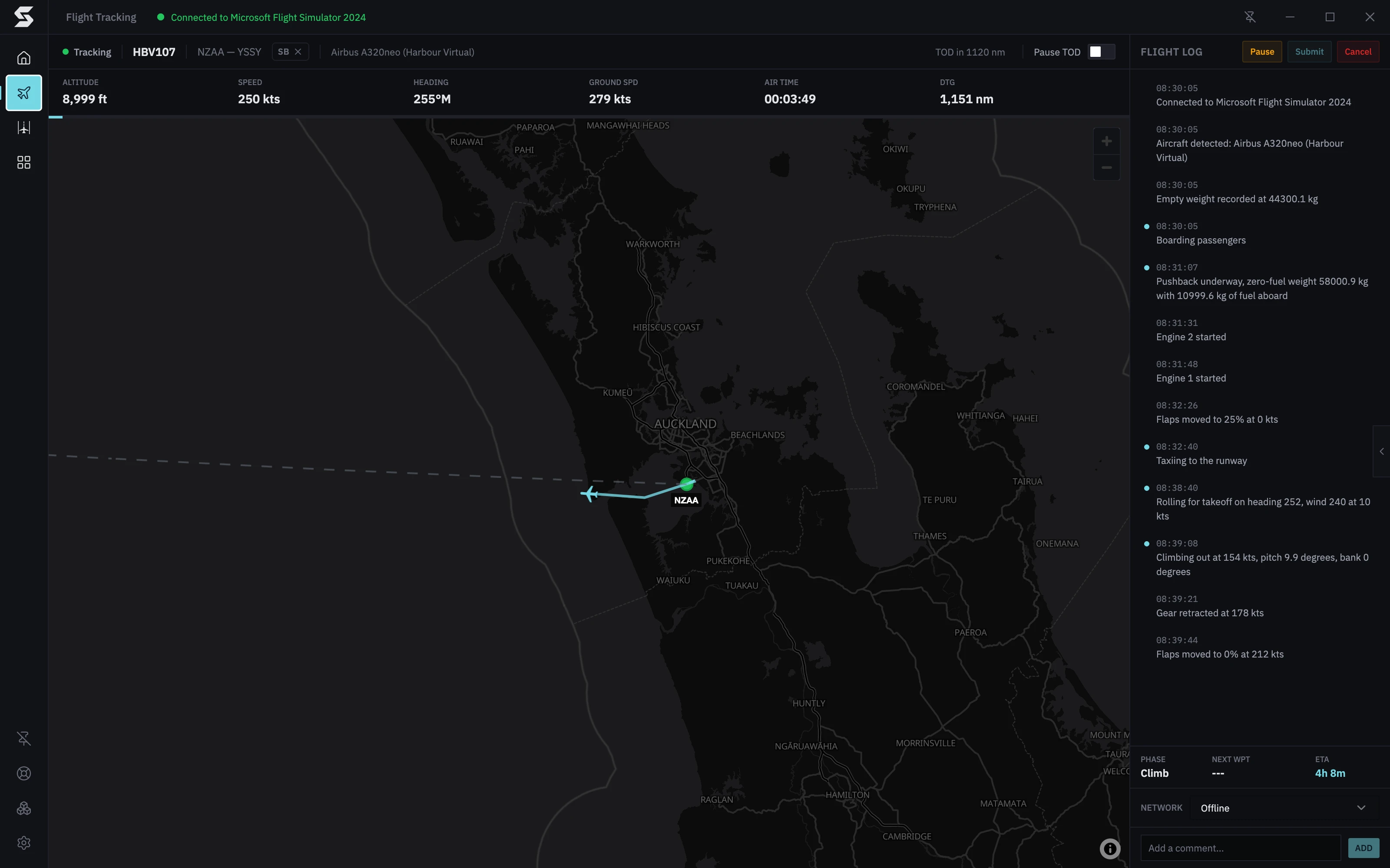 The tracking screen climbing out of Auckland through 9,000 ft: altitude, speed, heading and air time in the stats bar, and Climb in the flight log