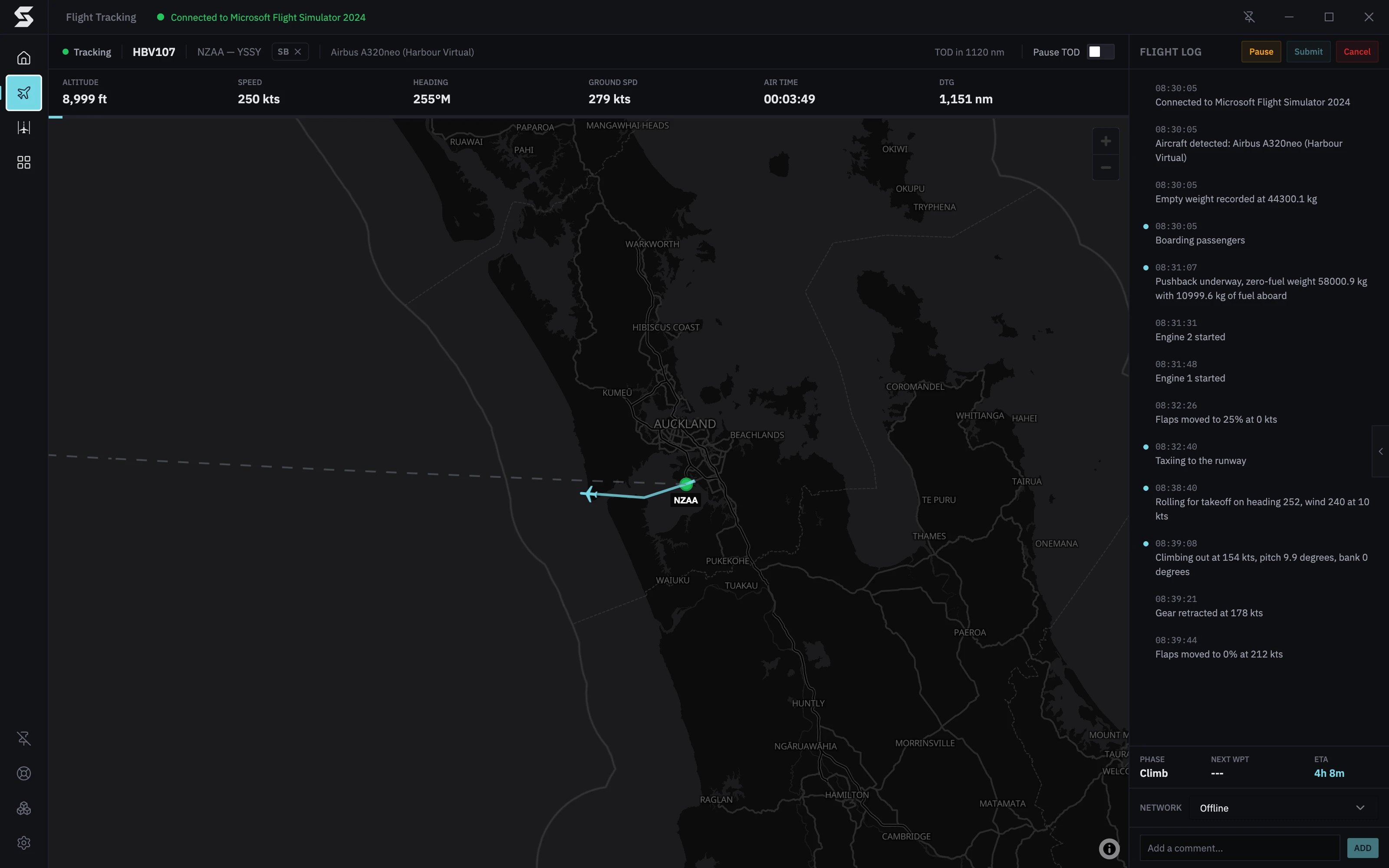 The tracking screen climbing out of Auckland through 9,000 ft: altitude, speed, heading and air time in the stats bar, and Climb in the flight log