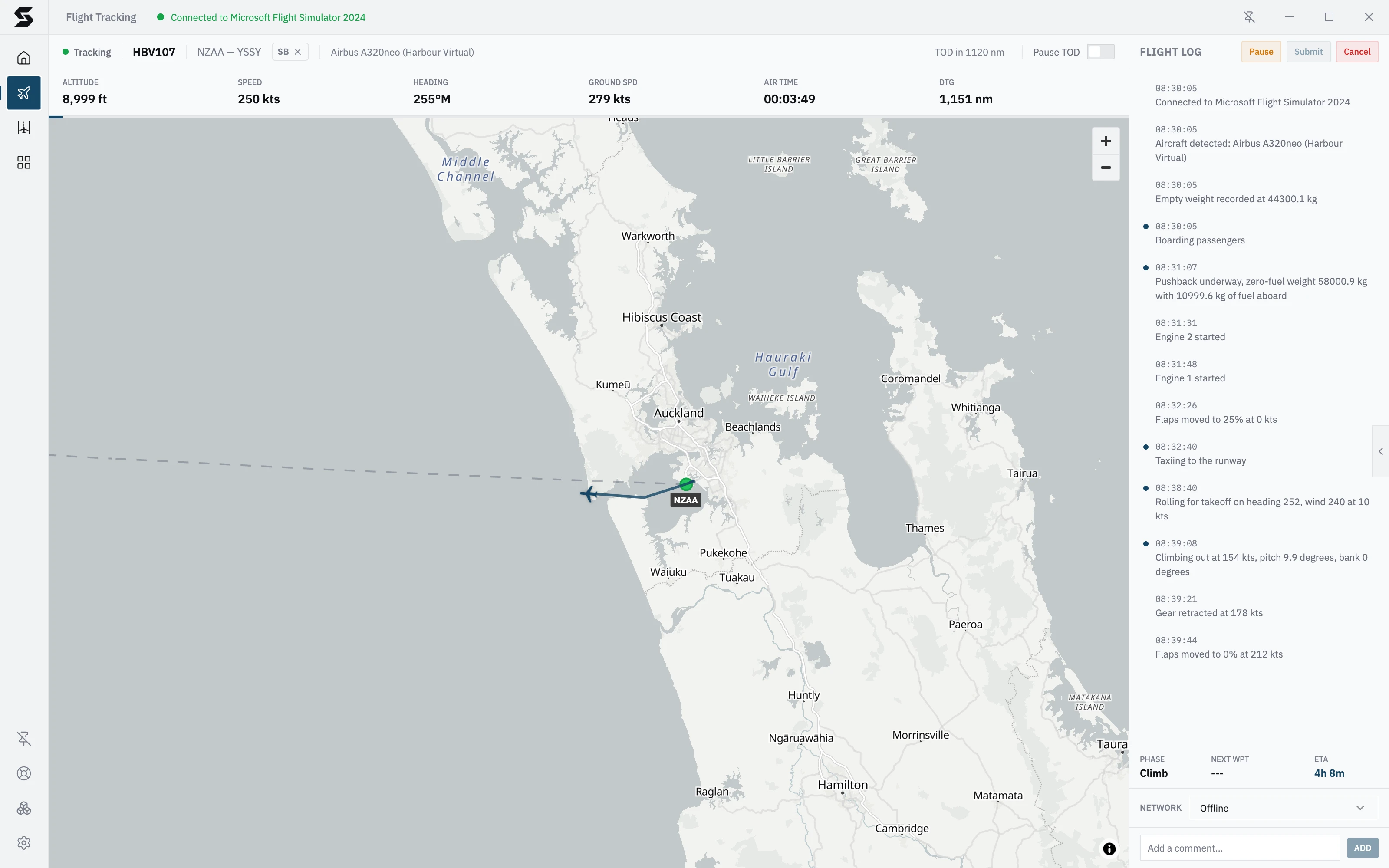 The tracking screen climbing out of Auckland through 9,000 ft: altitude, speed, heading and air time in the stats bar, and Climb in the flight log