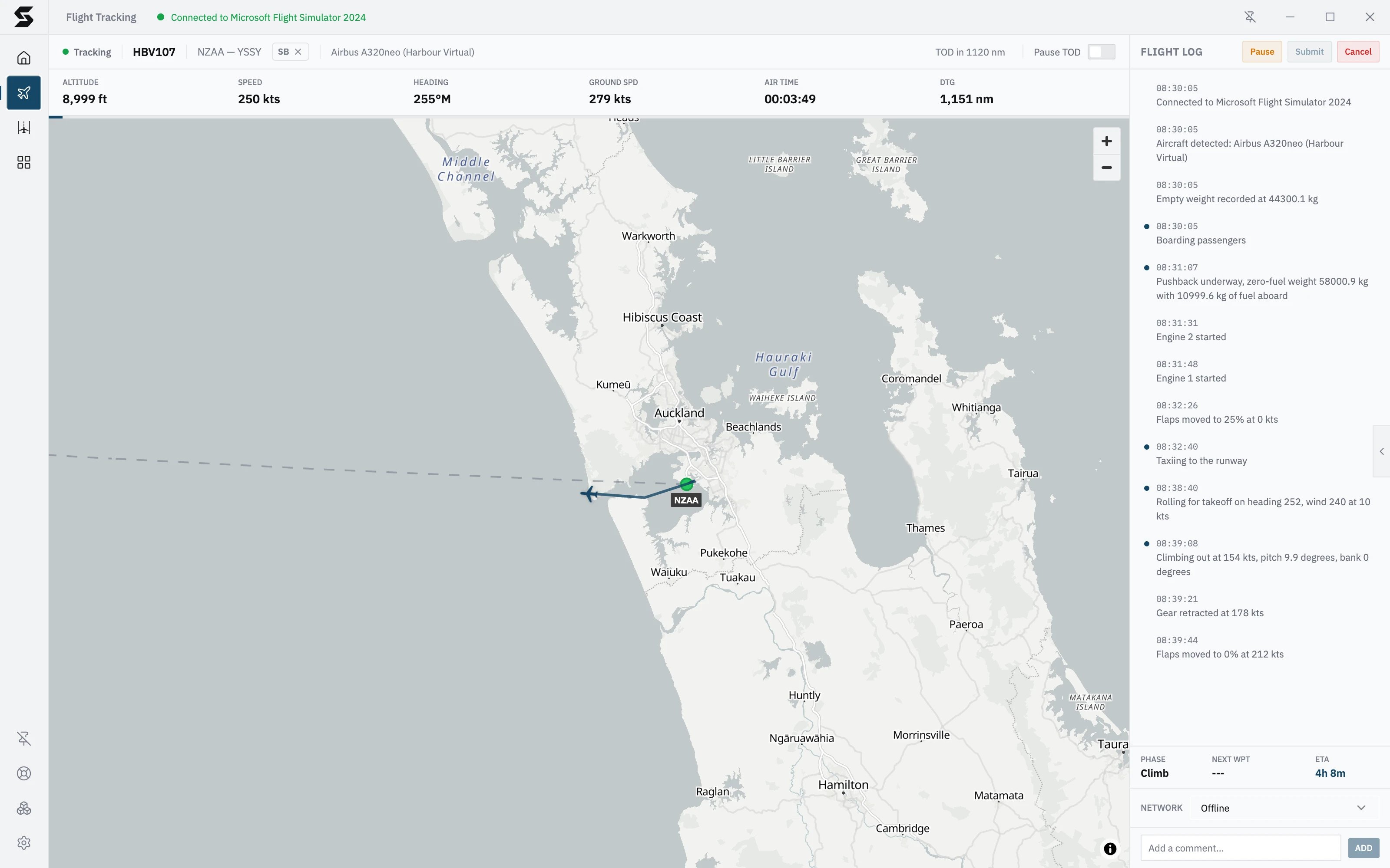 The tracking screen climbing out of Auckland through 9,000 ft: altitude, speed, heading and air time in the stats bar, and Climb in the flight log