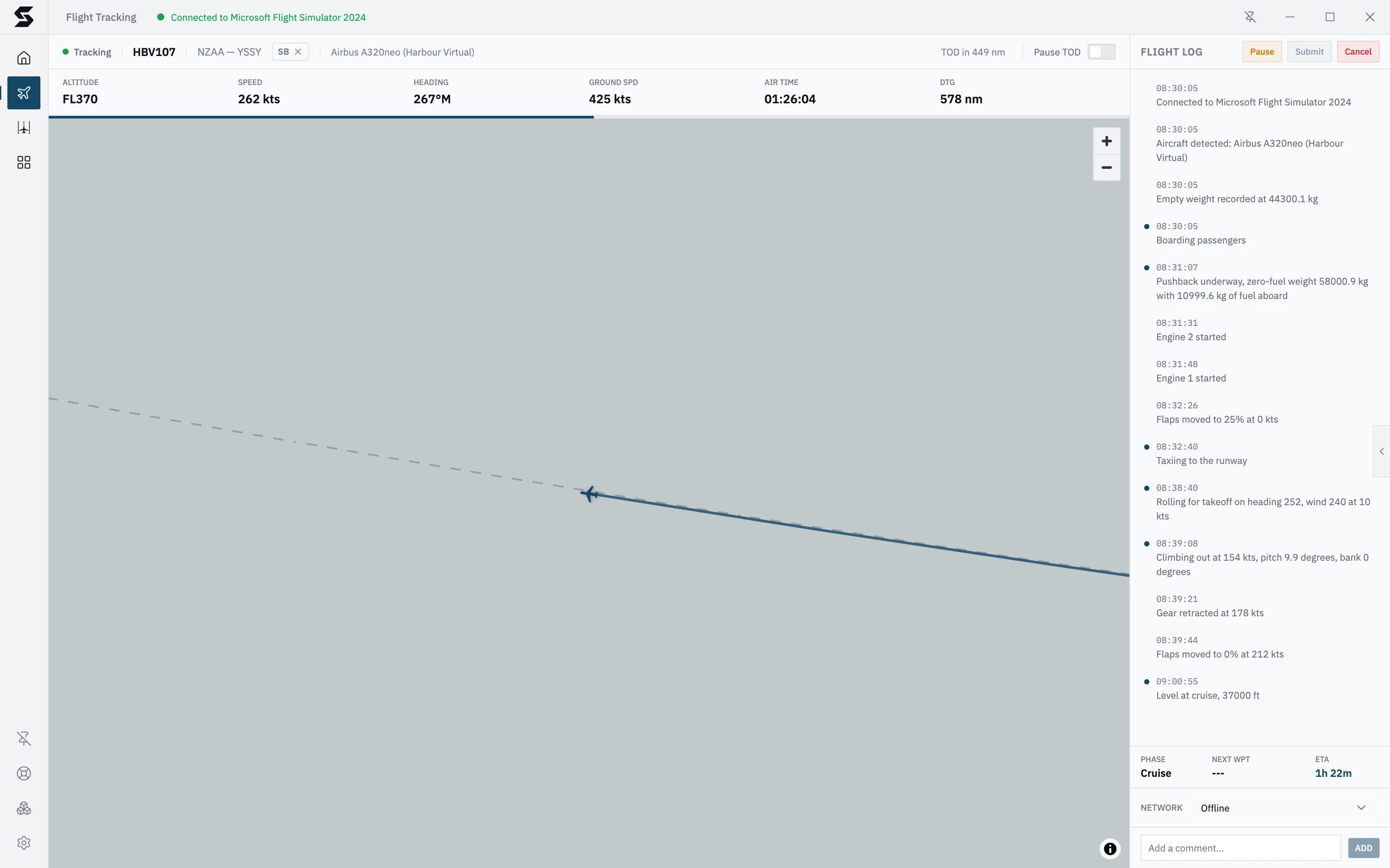 The tracking screen halfway across the Tasman at FL370: the flown path on the dashed line to Sydney, and Cruise in the flight log