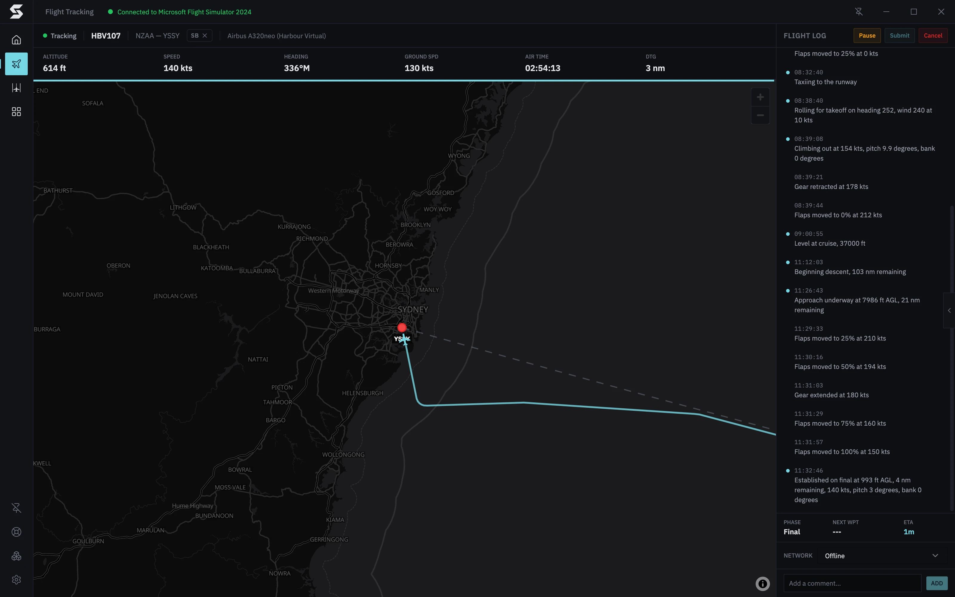 The tracking screen on final for Sydney's runway 34L: the arrival on the map, gear, flaps and approach events in the flight log, and Final in the summary row