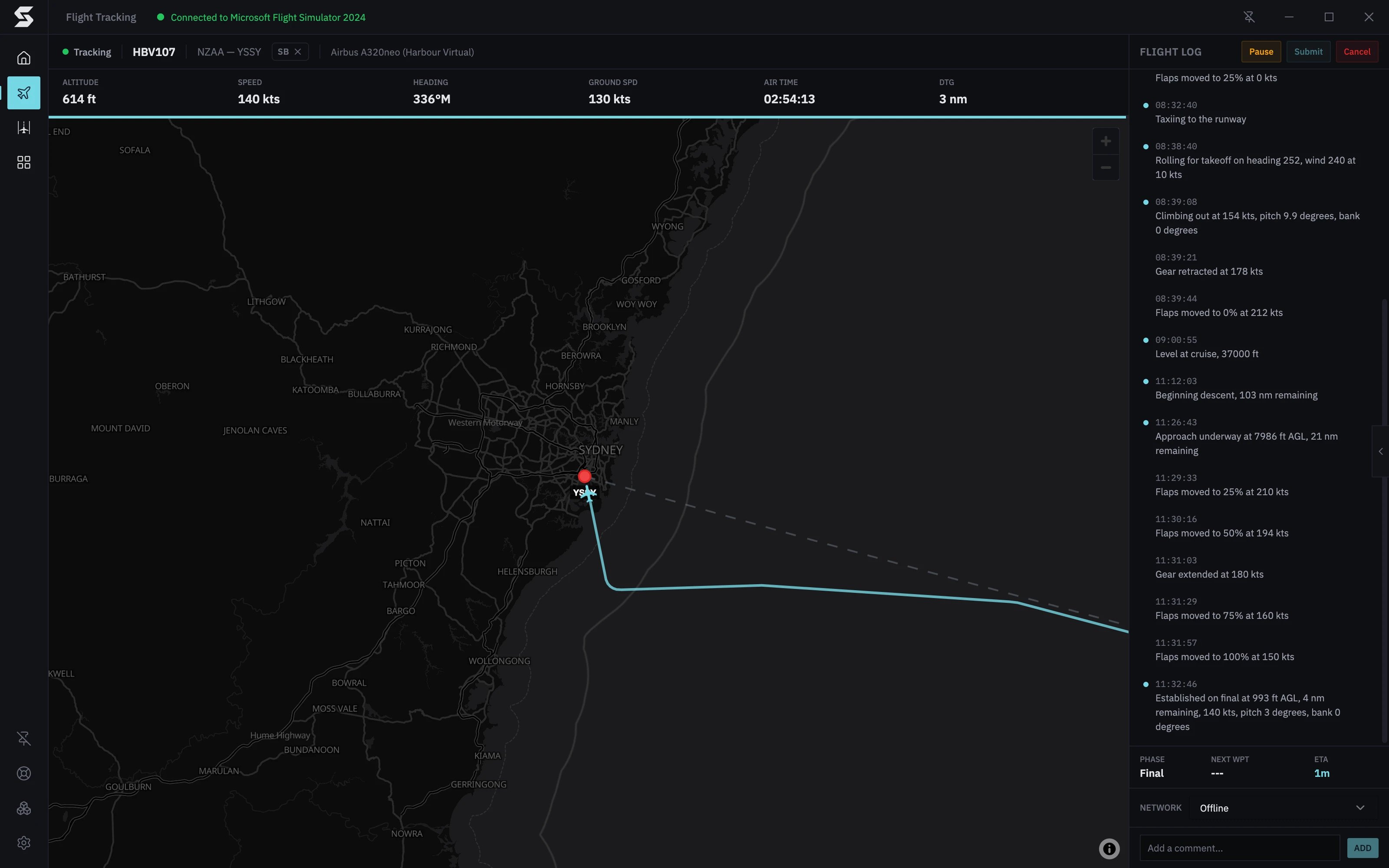 The tracking screen on final for Sydney's runway 34L: the arrival on the map, gear, flaps and approach events in the flight log, and Final in the summary row