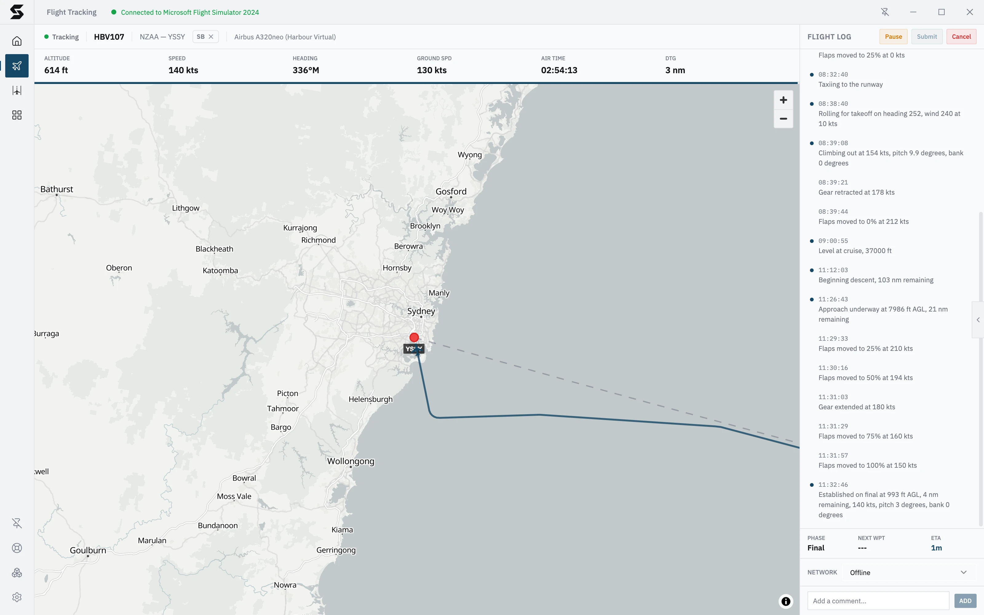 The tracking screen on final for Sydney's runway 34L: the arrival on the map, gear, flaps and approach events in the flight log, and Final in the summary row