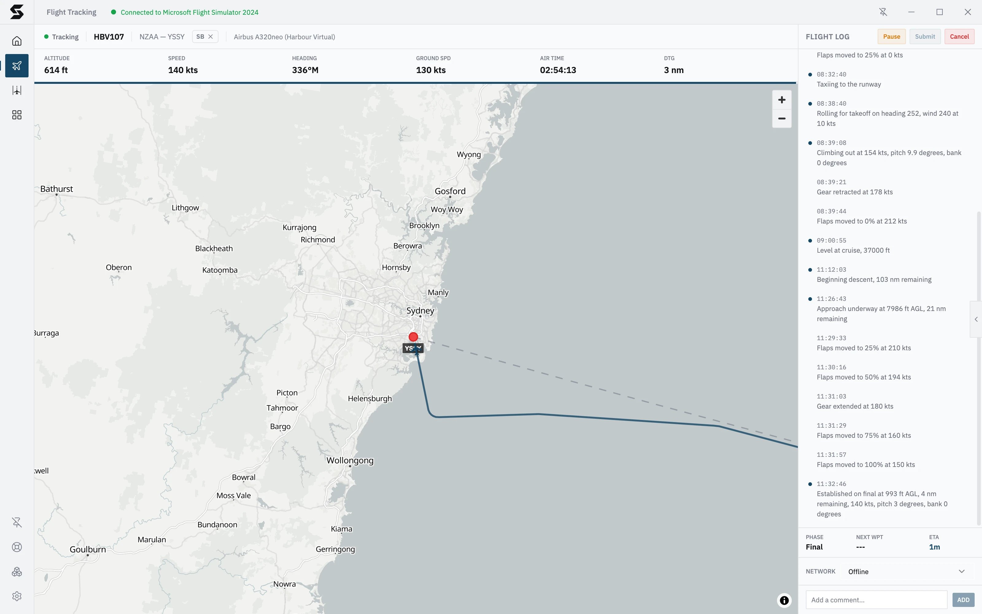 The tracking screen on final for Sydney's runway 34L: the arrival on the map, gear, flaps and approach events in the flight log, and Final in the summary row