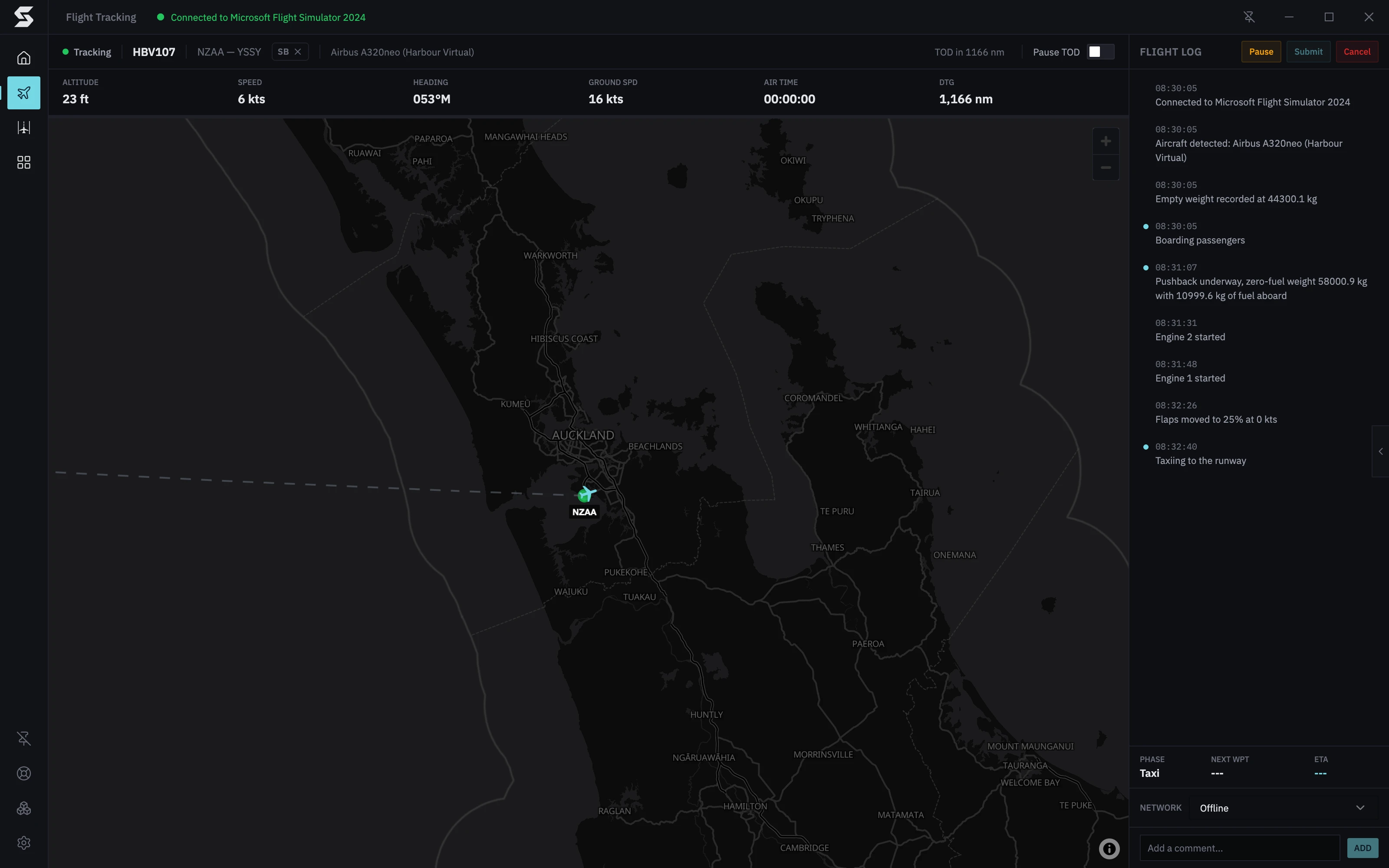 The tracking screen taxiing out at Auckland: Tracking HBV107 NZAA to YSSY, the stats bar, the aircraft at the airport on the map, and the flight log from boarding to taxi
