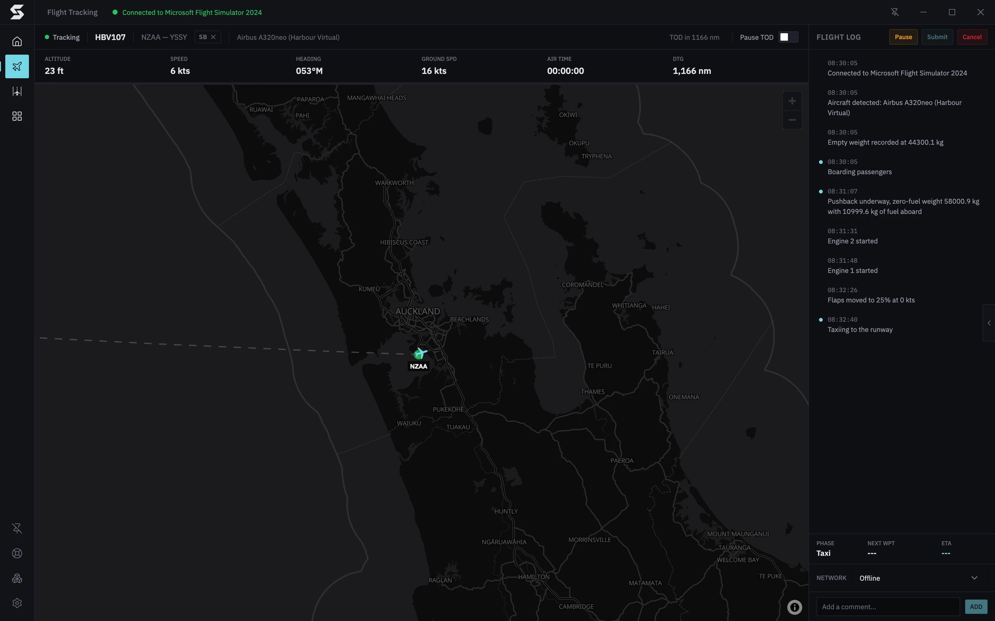 The tracking screen taxiing out at Auckland: Tracking HBV107 NZAA to YSSY, the stats bar, the aircraft at the airport on the map, and the flight log from boarding to taxi