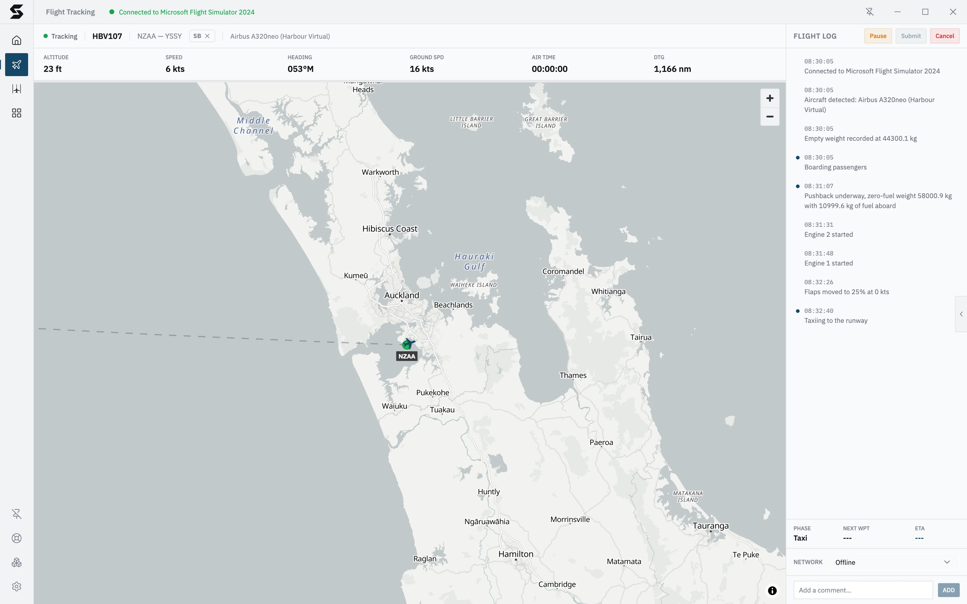 The tracking screen taxiing out at Auckland: Tracking HBV107 NZAA to YSSY, the stats bar, the aircraft at the airport on the map, and the flight log from boarding to taxi