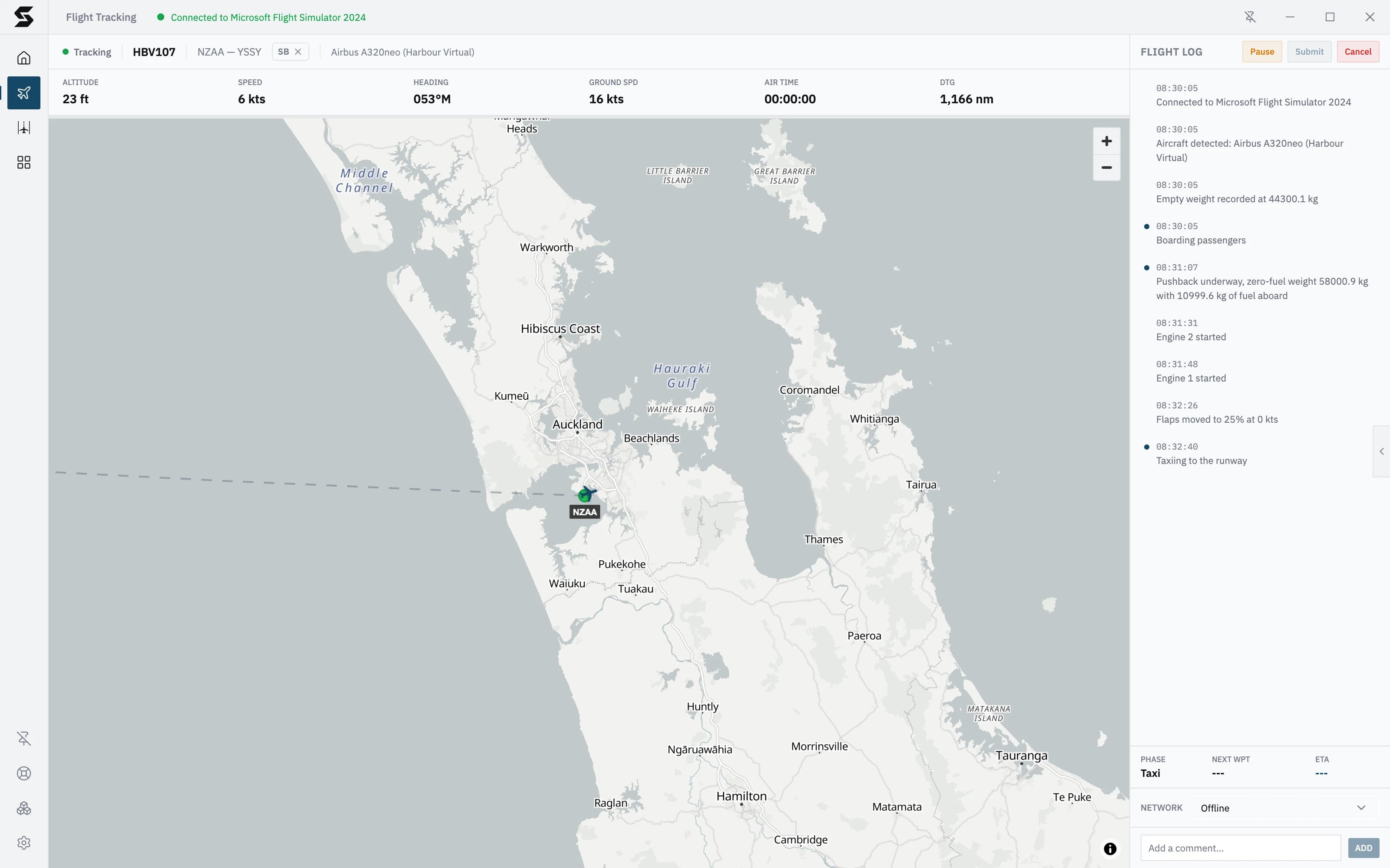 The tracking screen taxiing out at Auckland: Tracking HBV107 NZAA to YSSY, the stats bar, the aircraft at the airport on the map, and the flight log from boarding to taxi