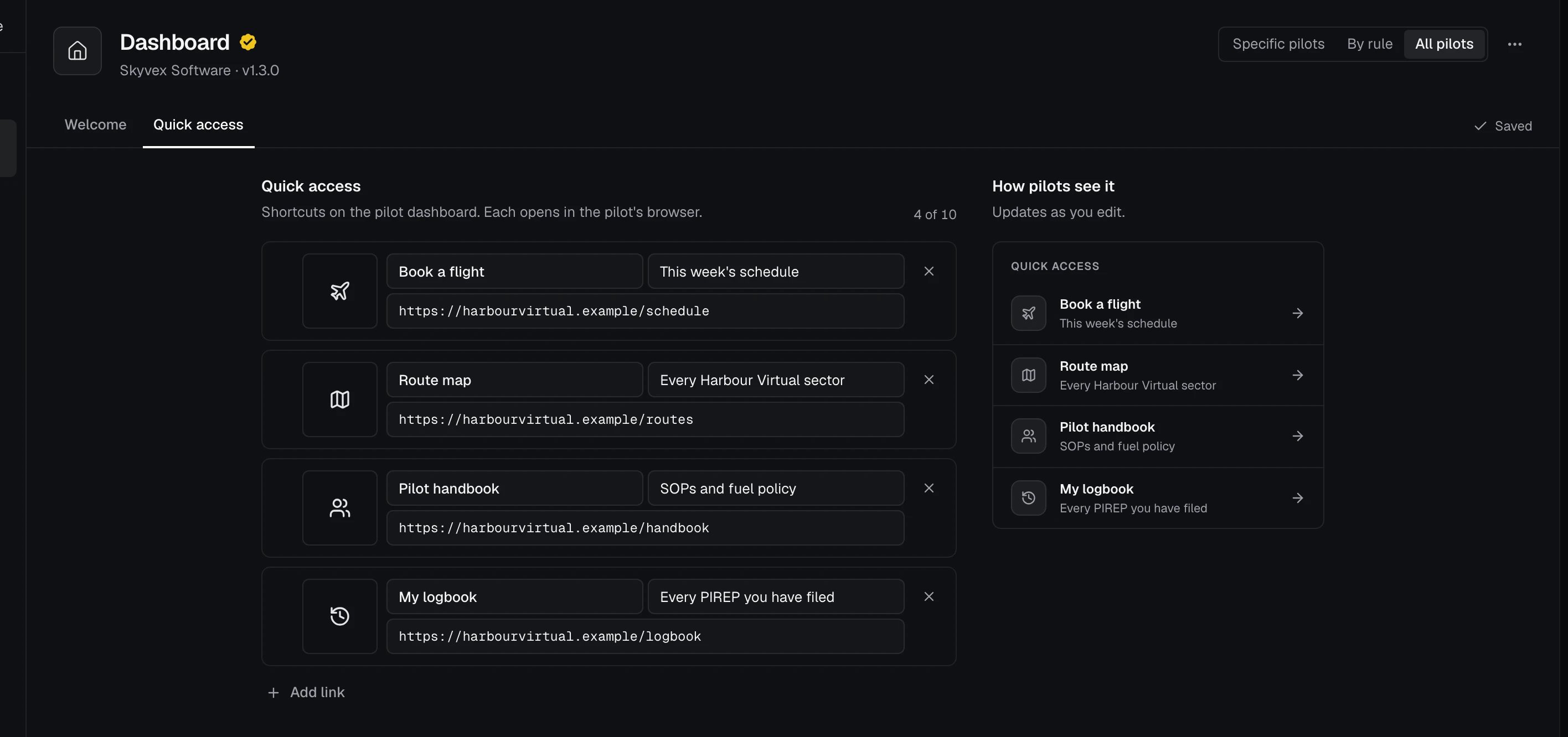 Dashboard's Quick access tab: each tile's icon, title, subtitle and link, beside how pilots see it