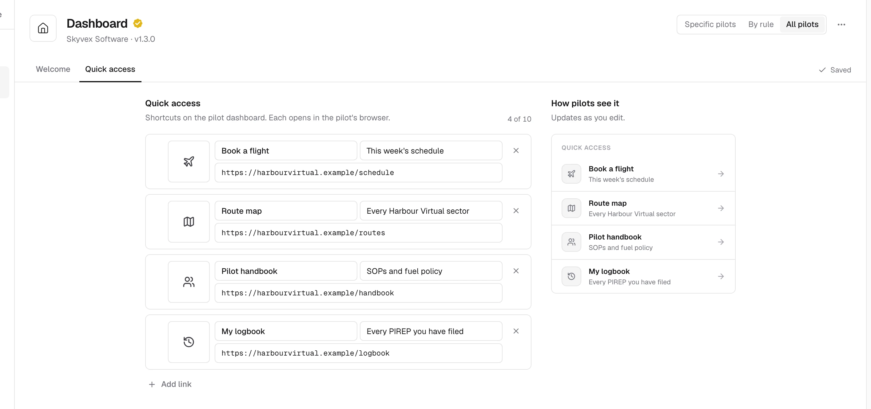 Dashboard's Quick access tab: each tile's icon, title, subtitle and link, beside how pilots see it