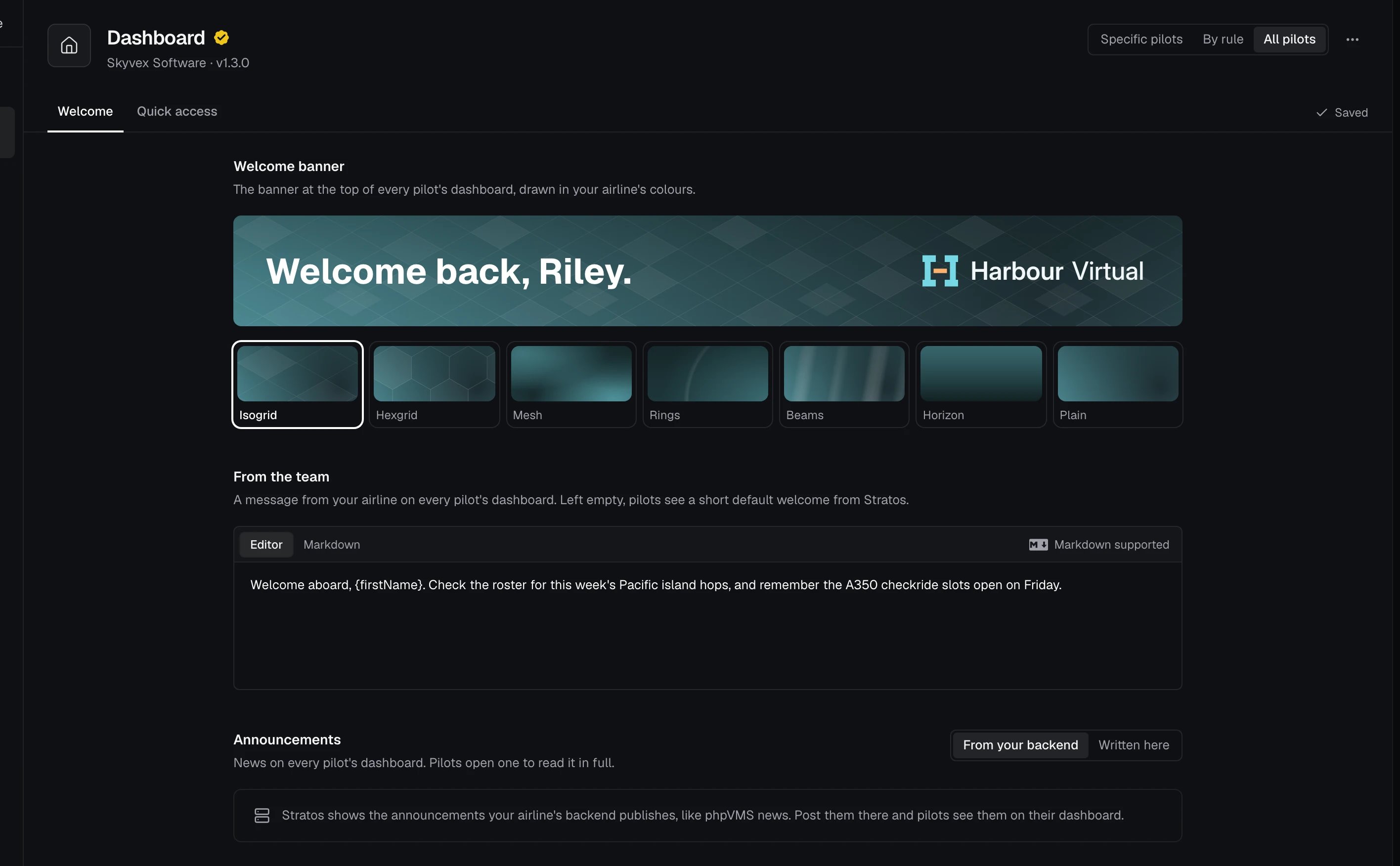 Dashboard's Welcome tab: the banner style, the From the team message and where announcements come from