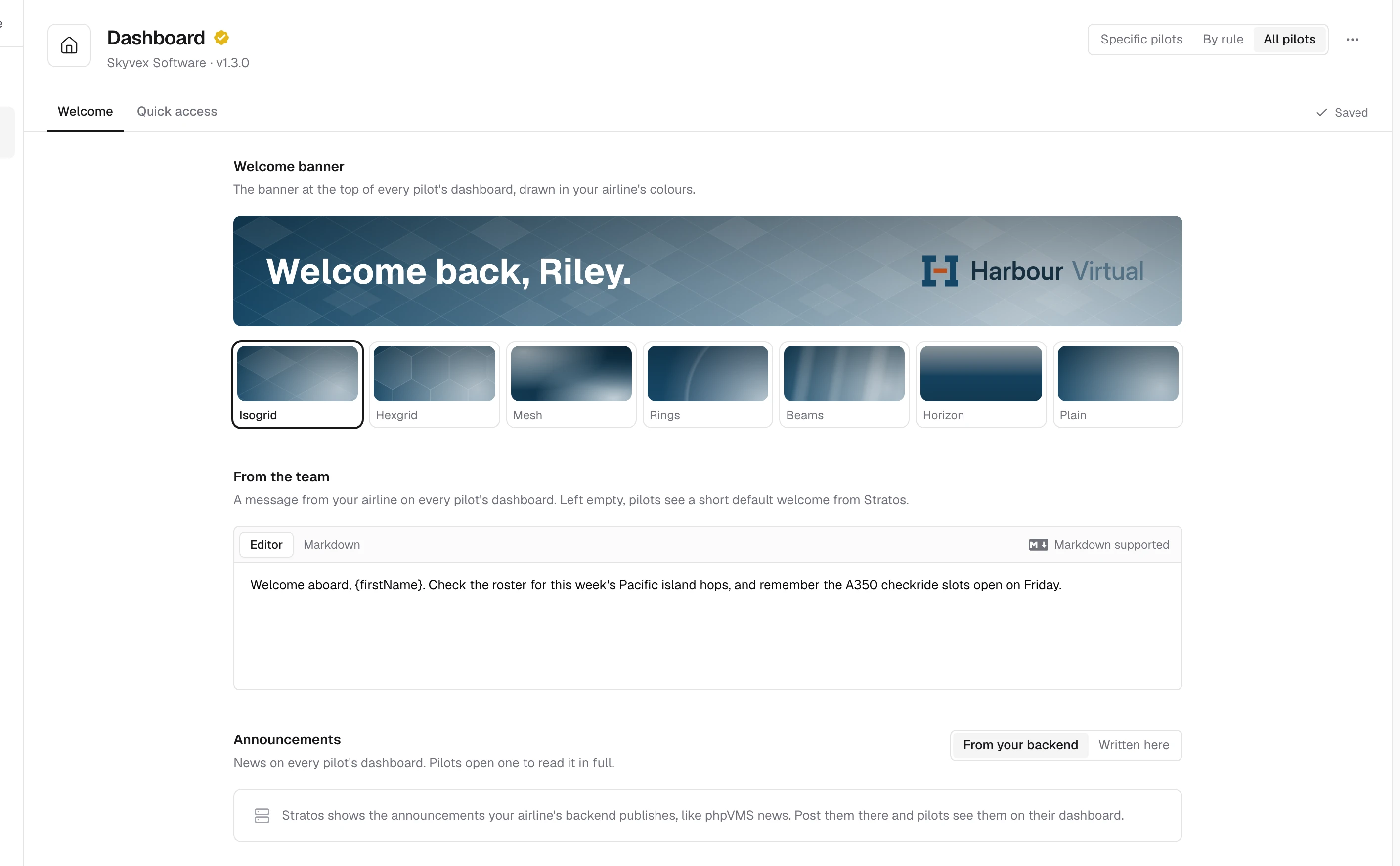 Dashboard's Welcome tab: the banner style, the From the team message and where announcements come from