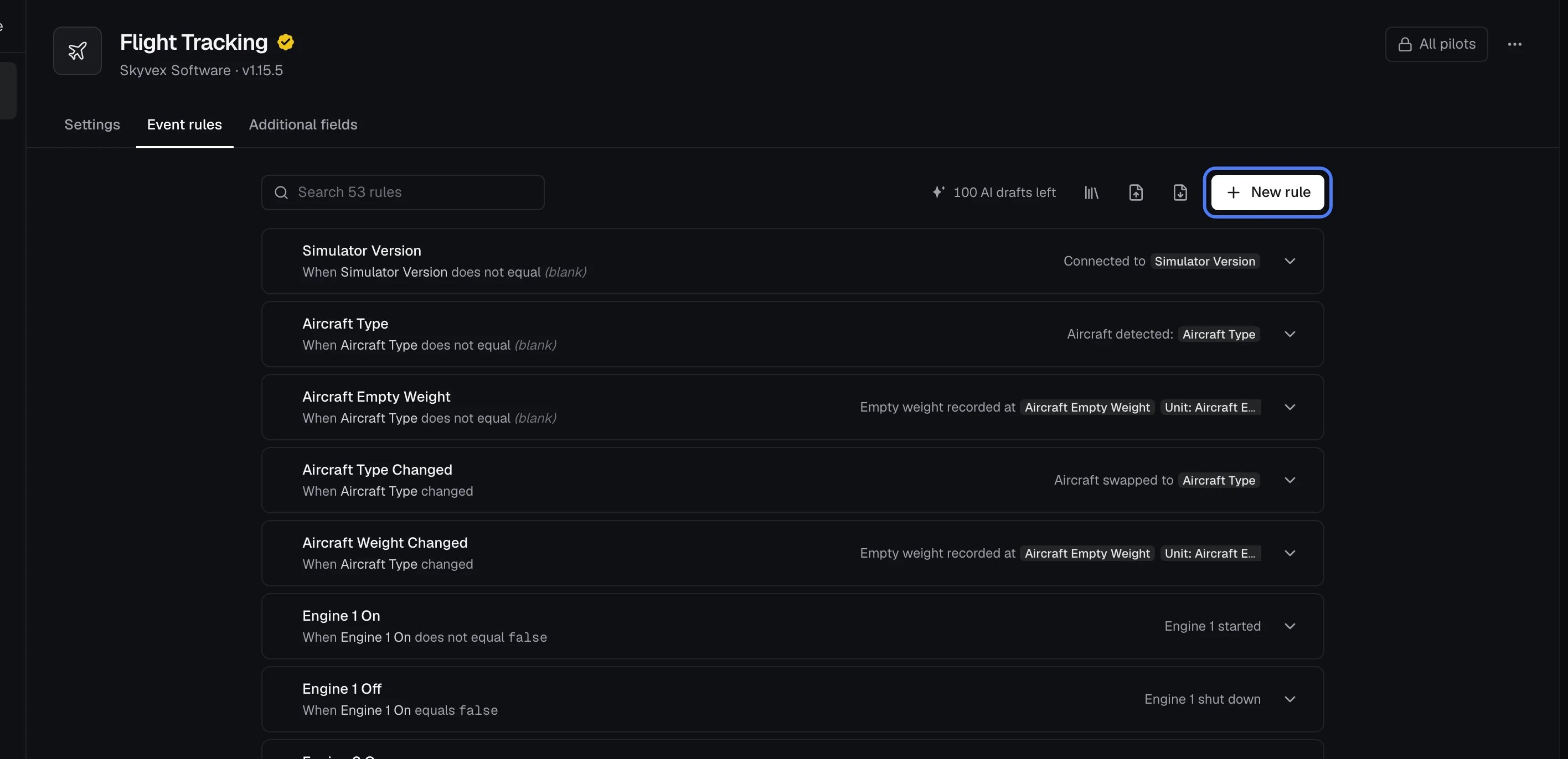 Flight Tracking's Event rules tab: each rule, when it fires and what it logs, with New rule