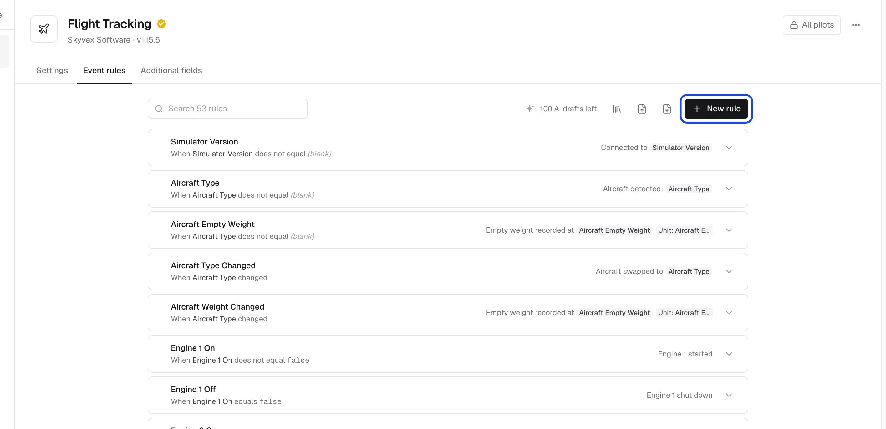 Flight Tracking's Event rules tab: each rule, when it fires and what it logs, with New rule
