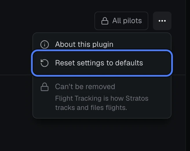 A plugin's more options menu open, with Reset settings to defaults
