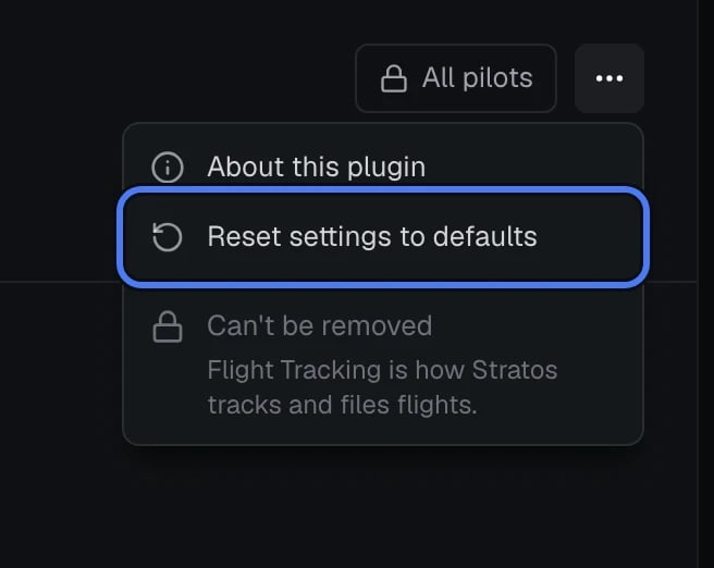 A plugin's more options menu open, with Reset settings to defaults