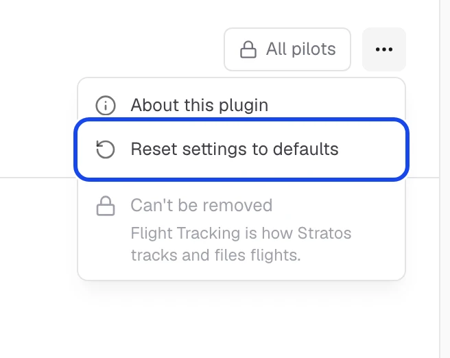 A plugin's more options menu open, with Reset settings to defaults