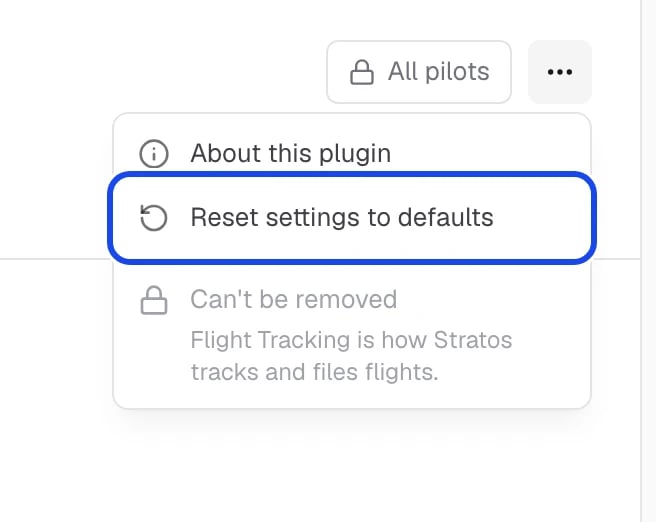 A plugin's more options menu open, with Reset settings to defaults
