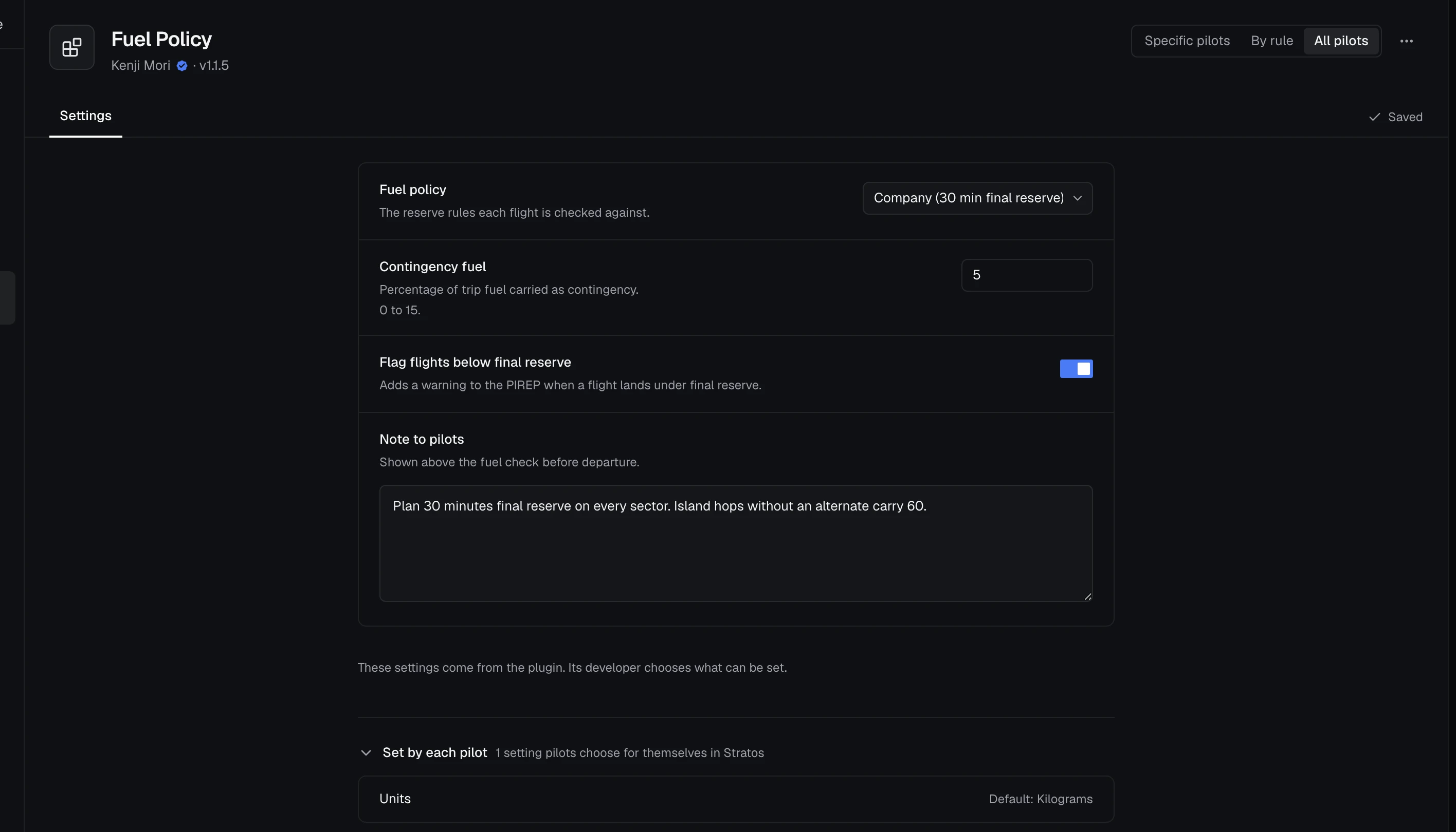 Fuel Policy's Settings tab: the airline's settings from the plugin, each with its control, and Set by each pilot opened below