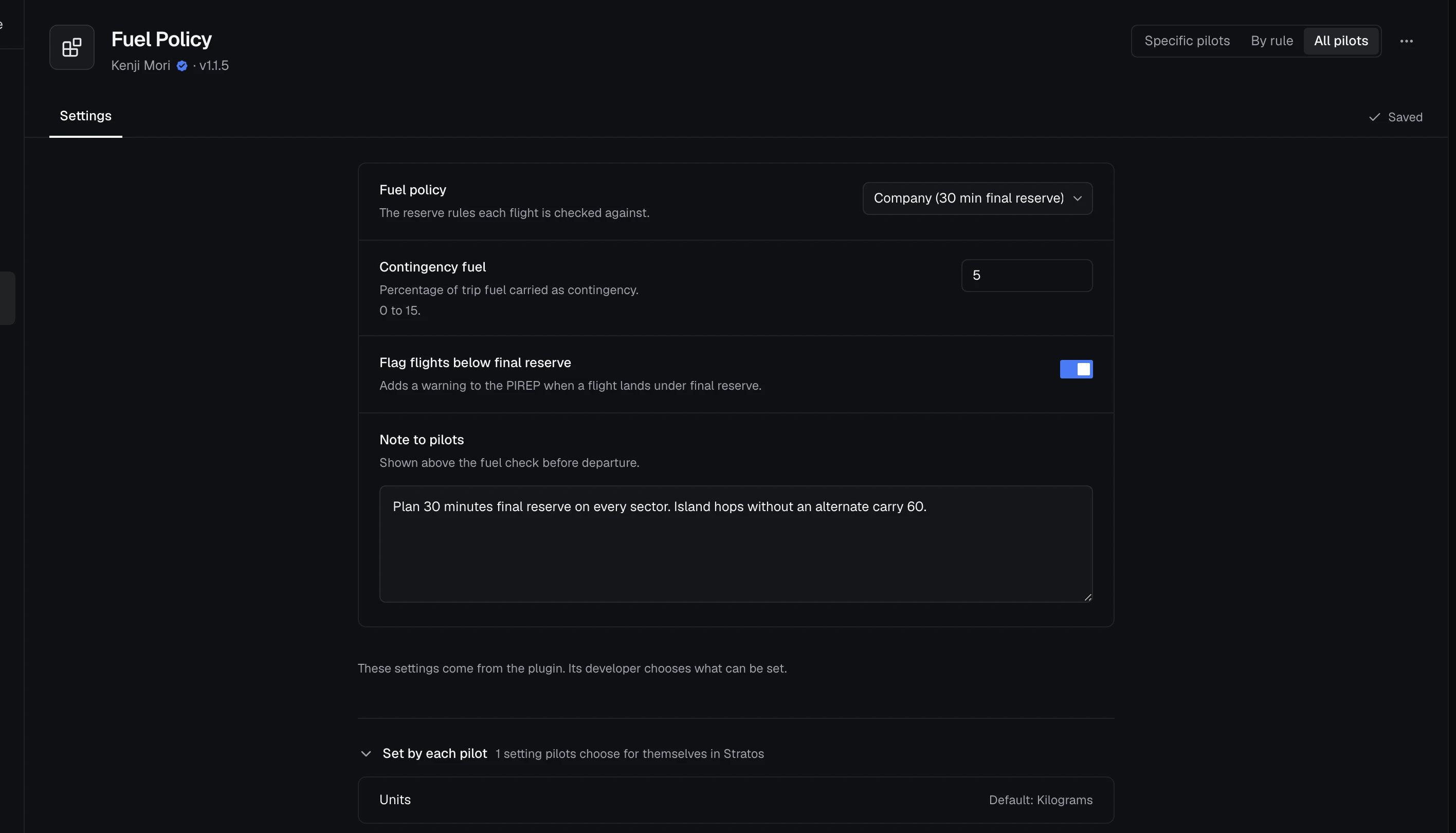 Fuel Policy's Settings tab: the airline's settings from the plugin, each with its control, and Set by each pilot opened below