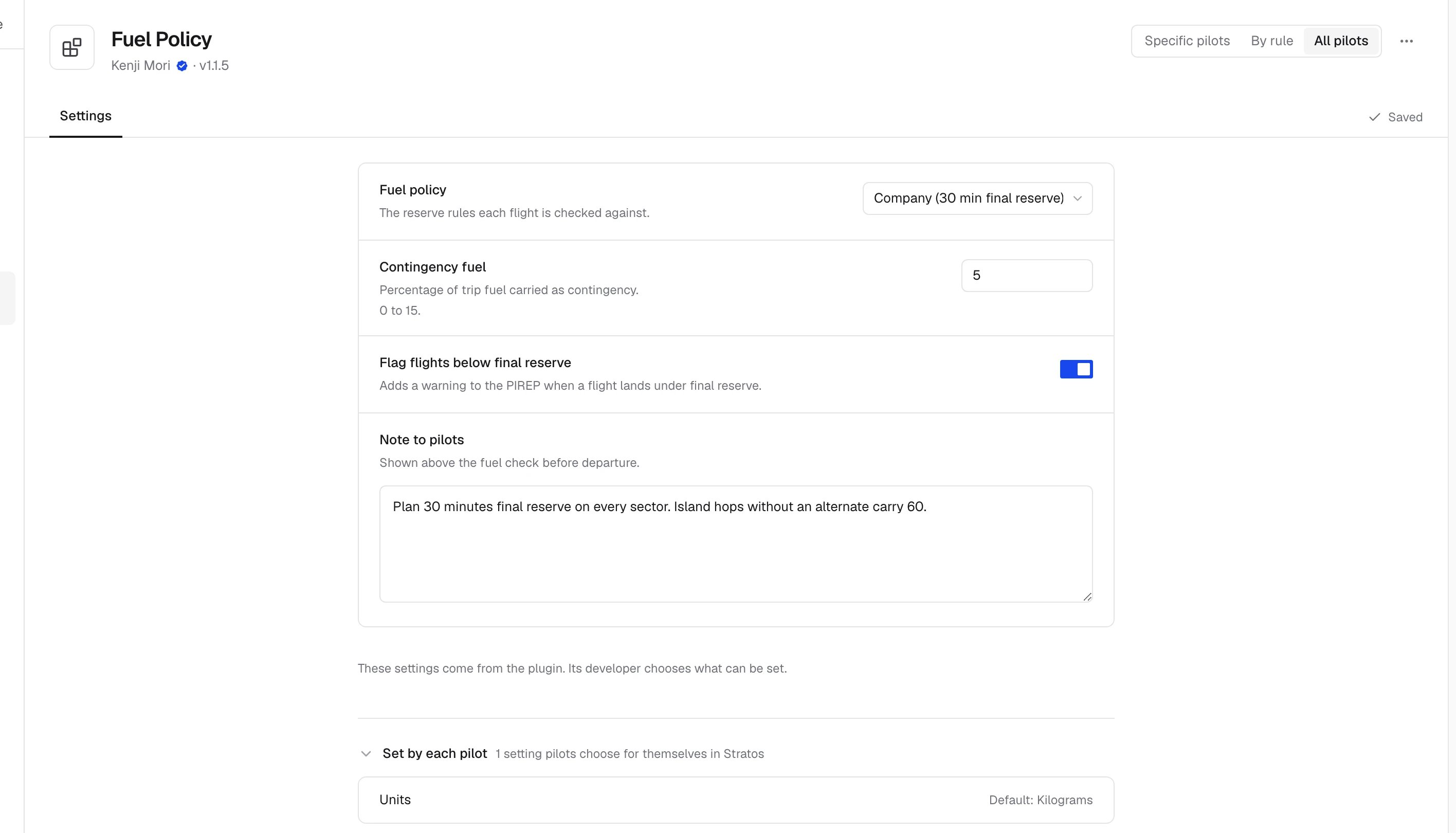 Fuel Policy's Settings tab: the airline's settings from the plugin, each with its control, and Set by each pilot opened below