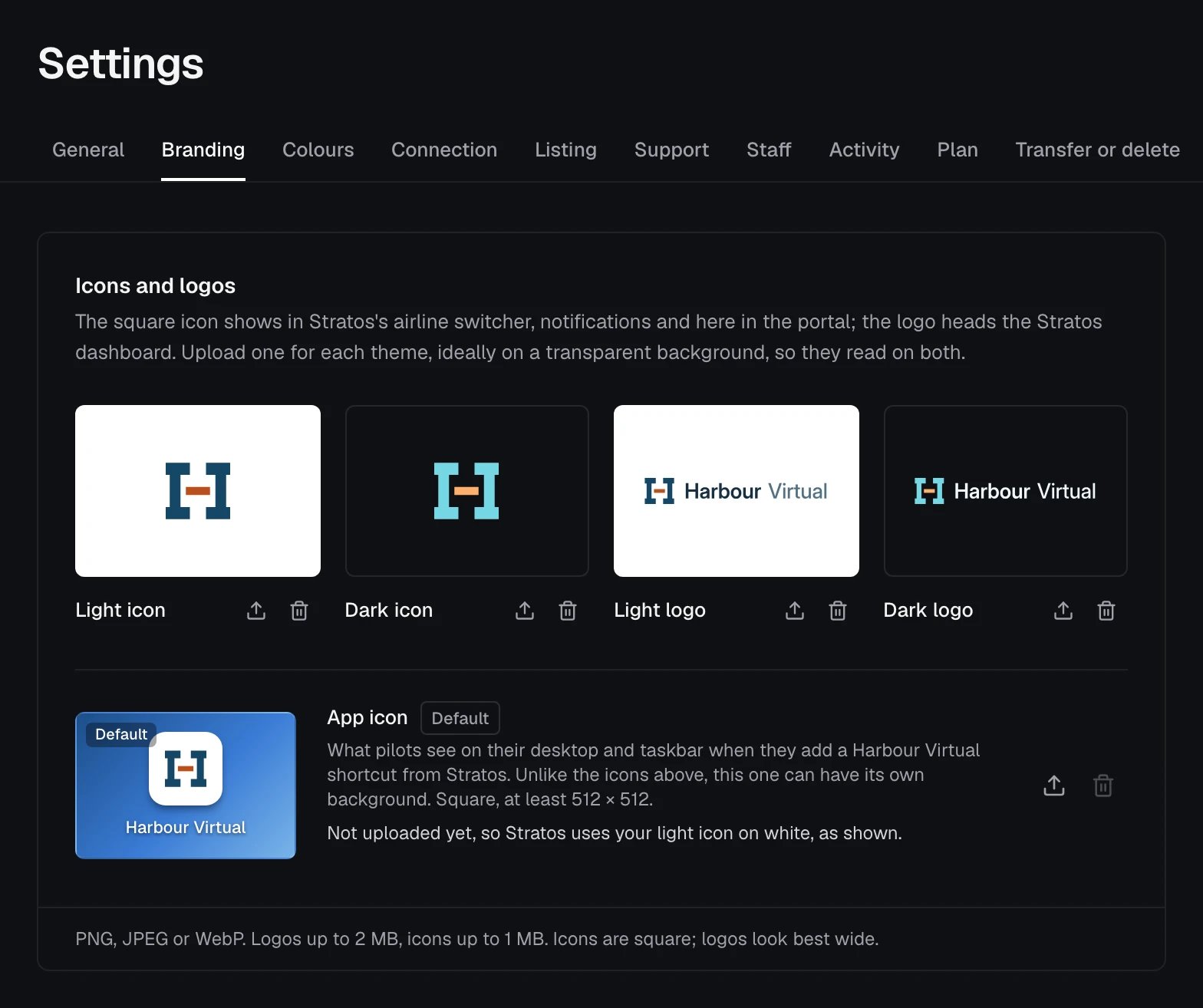 Settings, Branding tab: the light and dark icons and logos, and the app icon