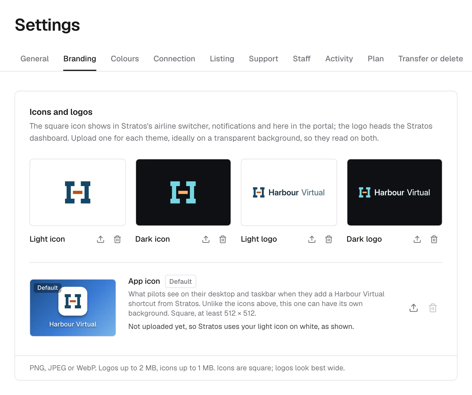 Settings, Branding tab: the light and dark icons and logos, and the app icon