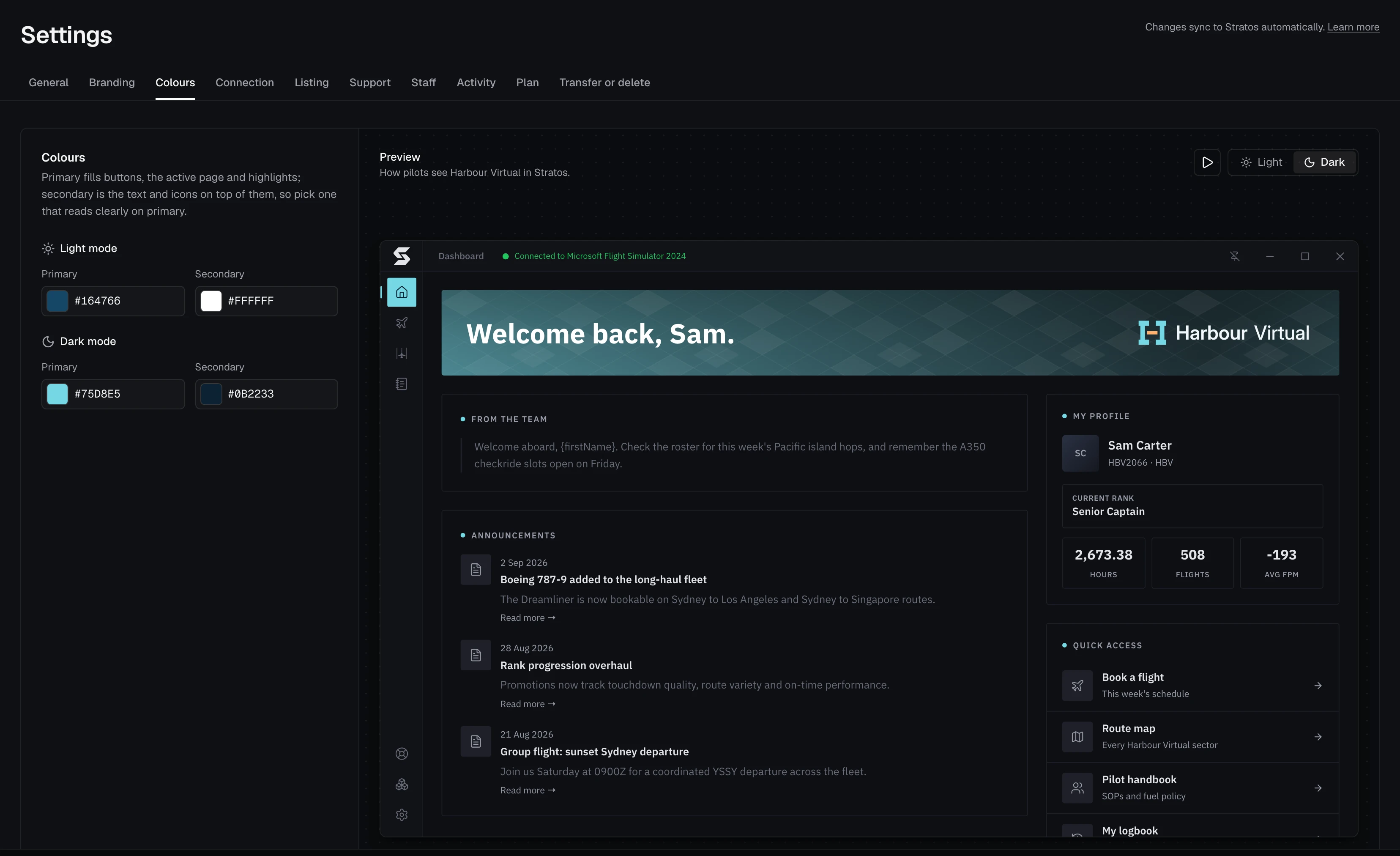 Settings, Colours tab, with the light and dark colours beside a live Stratos preview