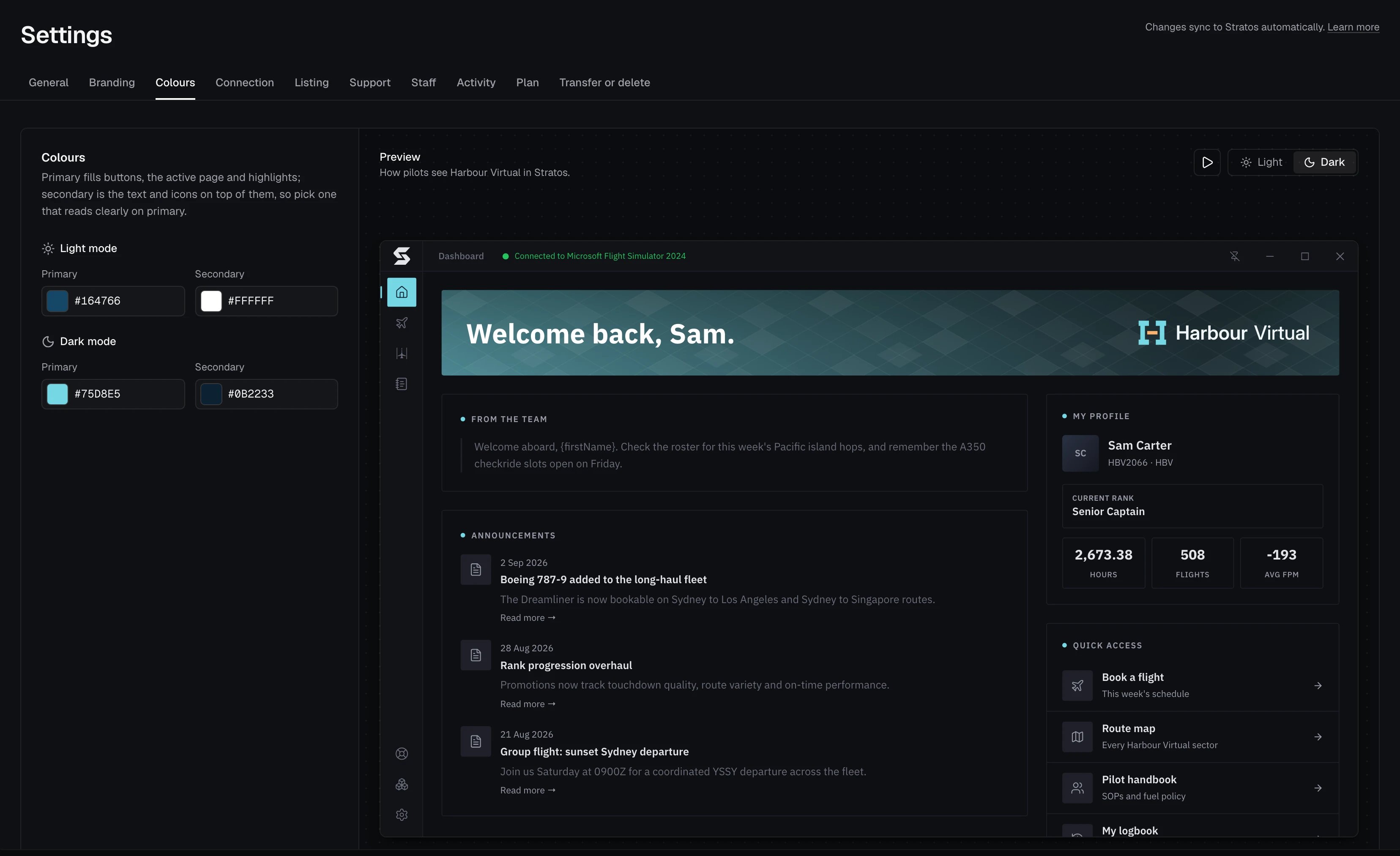 Settings, Colours tab, with the light and dark colours beside a live Stratos preview