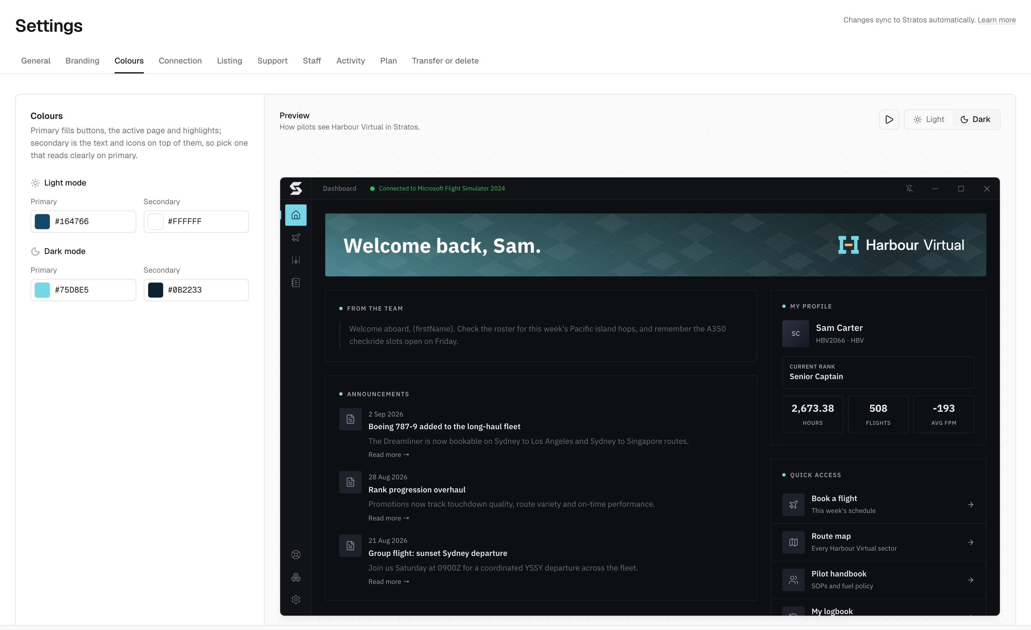 Settings, Colours tab, with the light and dark colours beside a live Stratos preview