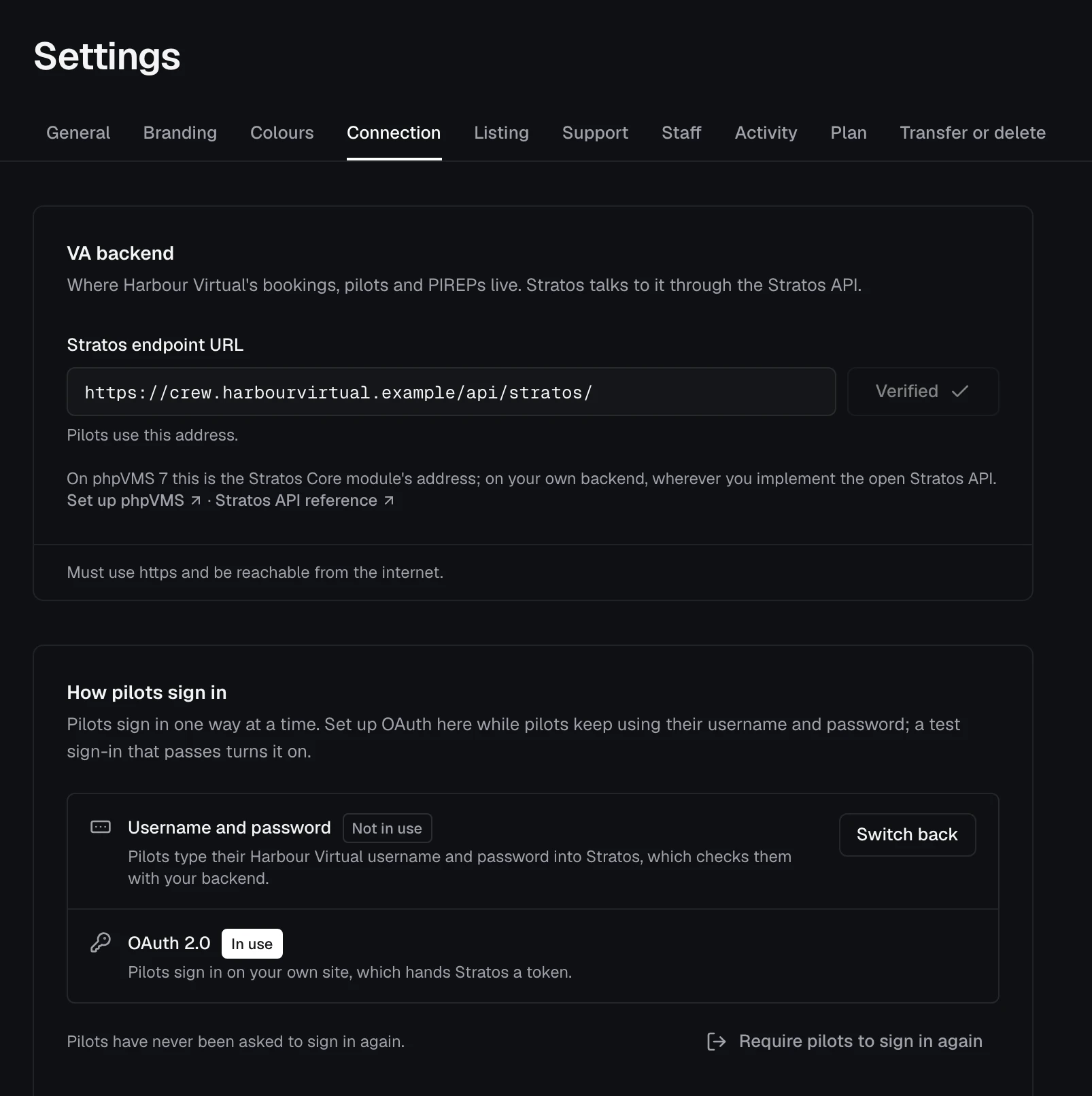 Settings, Connection tab: the Stratos endpoint URL with Verify, and How pilots sign in with Require pilots to sign in again