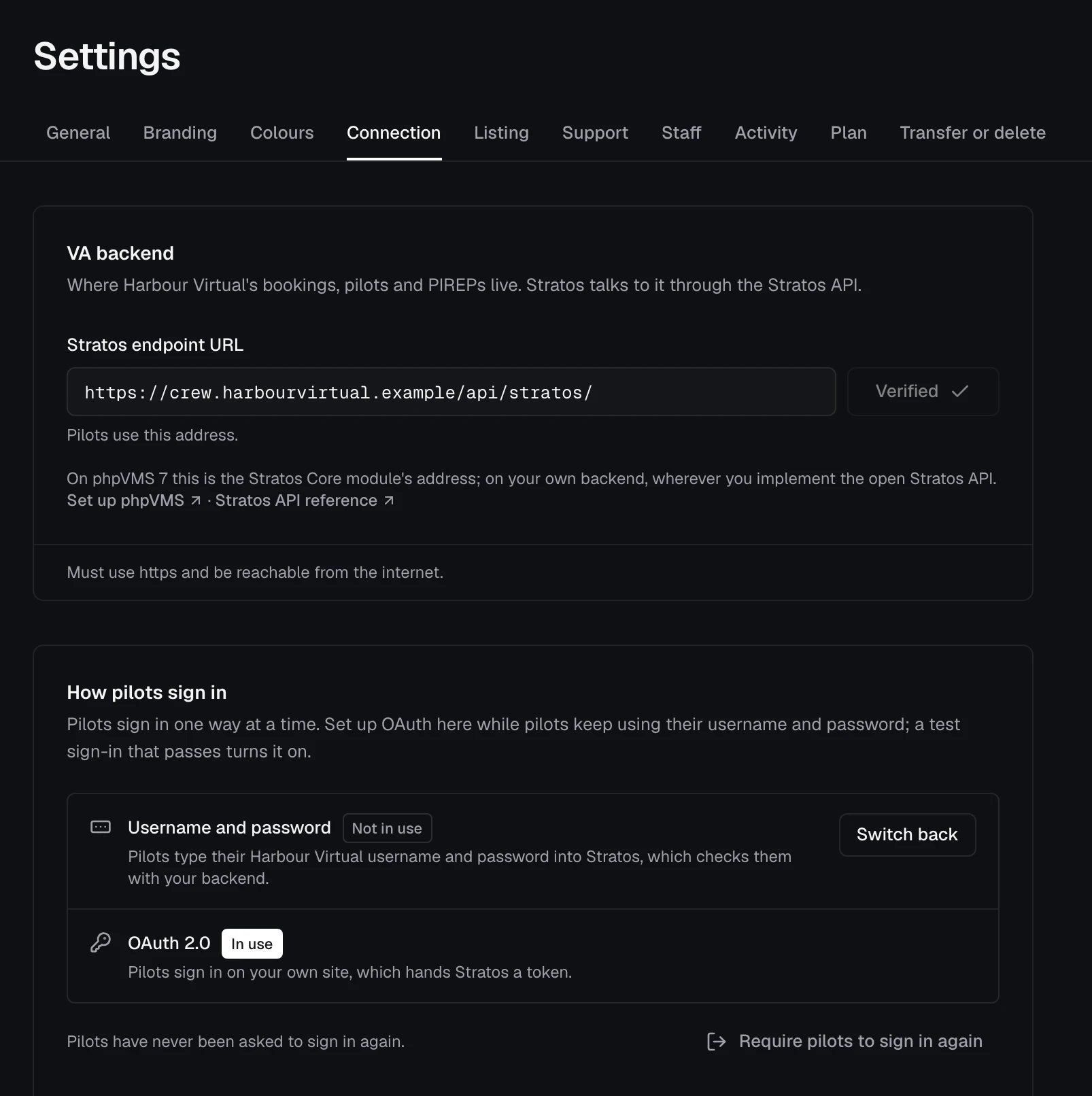 Settings, Connection tab: the Stratos endpoint URL with Verify, and How pilots sign in with Require pilots to sign in again
