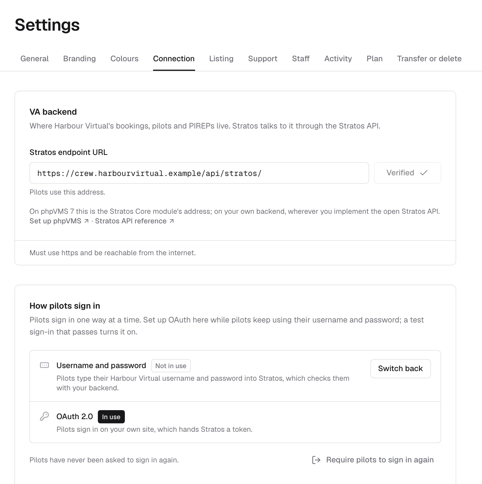Settings, Connection tab: the Stratos endpoint URL with Verify, and How pilots sign in with Require pilots to sign in again