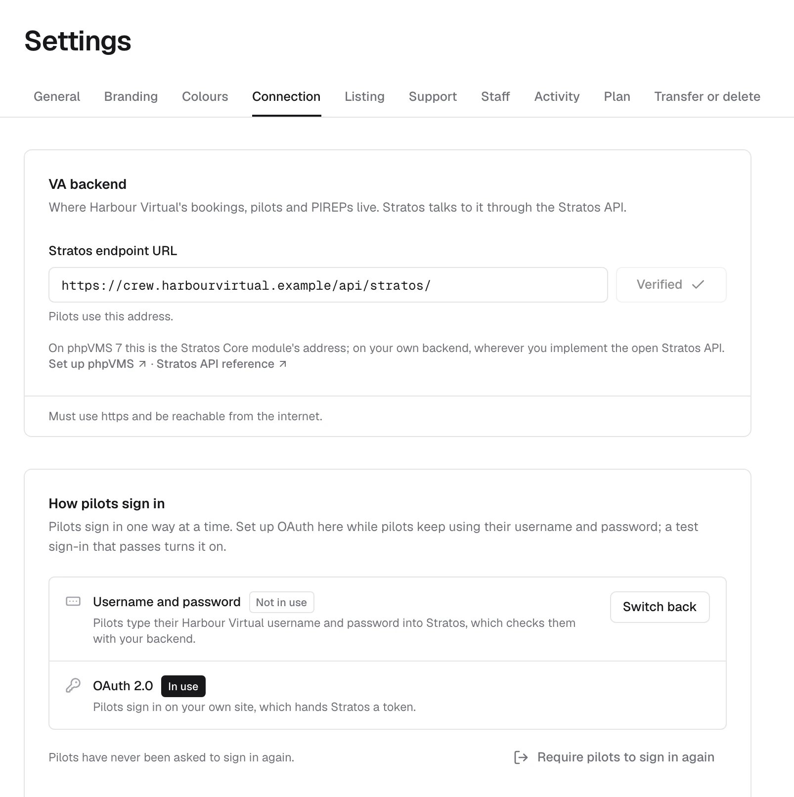 Settings, Connection tab: the Stratos endpoint URL with Verify, and How pilots sign in with Require pilots to sign in again
