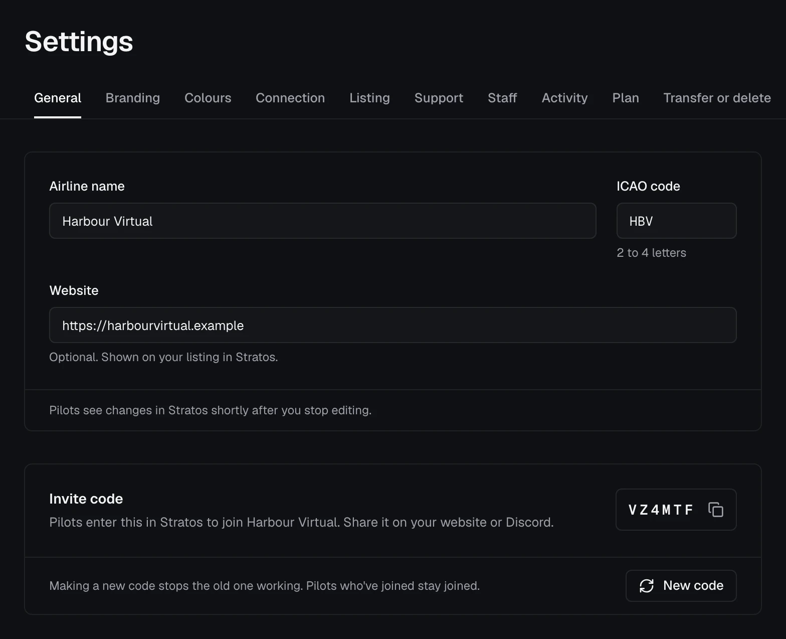 Settings, General tab: the airline's name, ICAO code and website, and its invite code