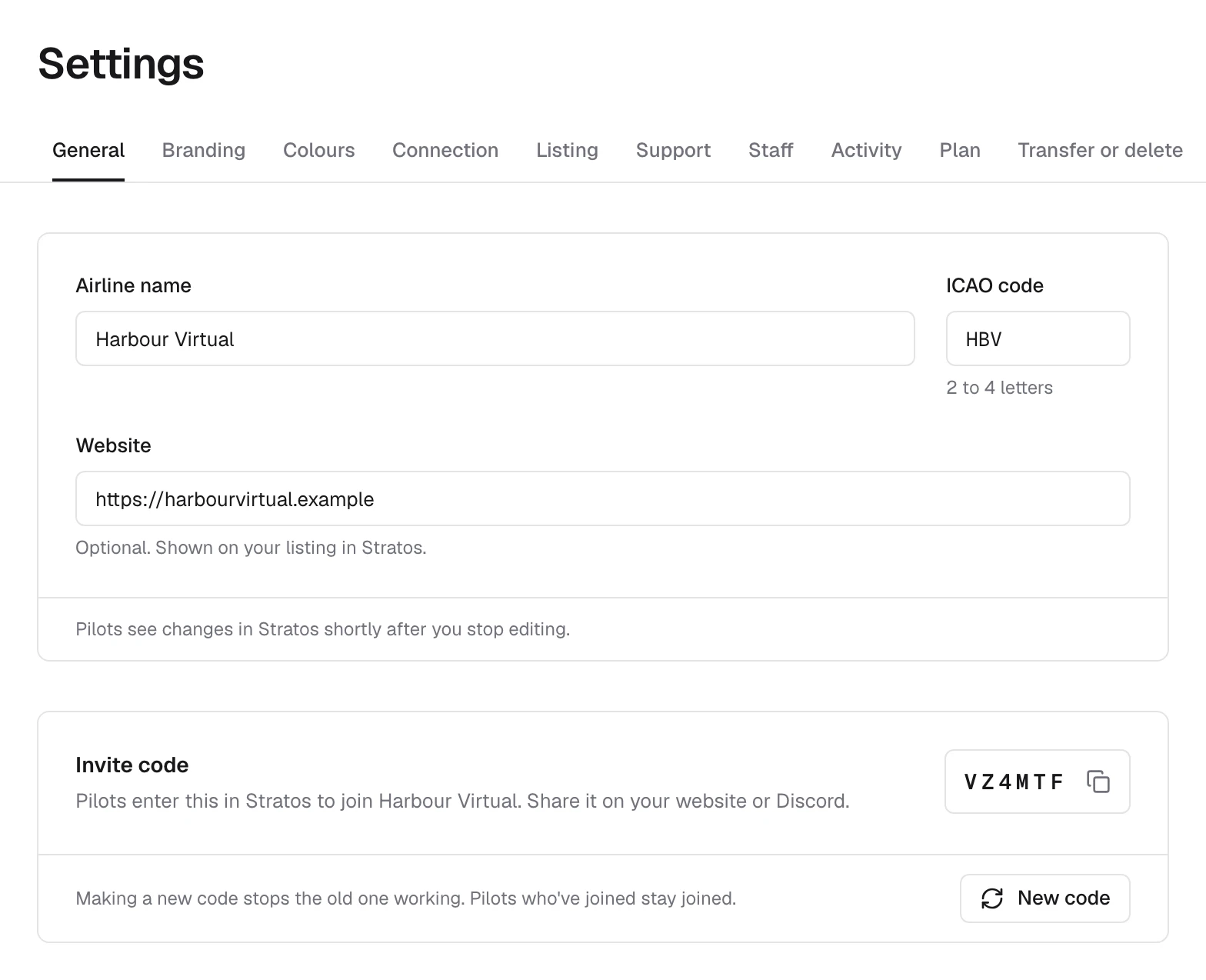 Settings, General tab: the airline's name, ICAO code and website, and its invite code