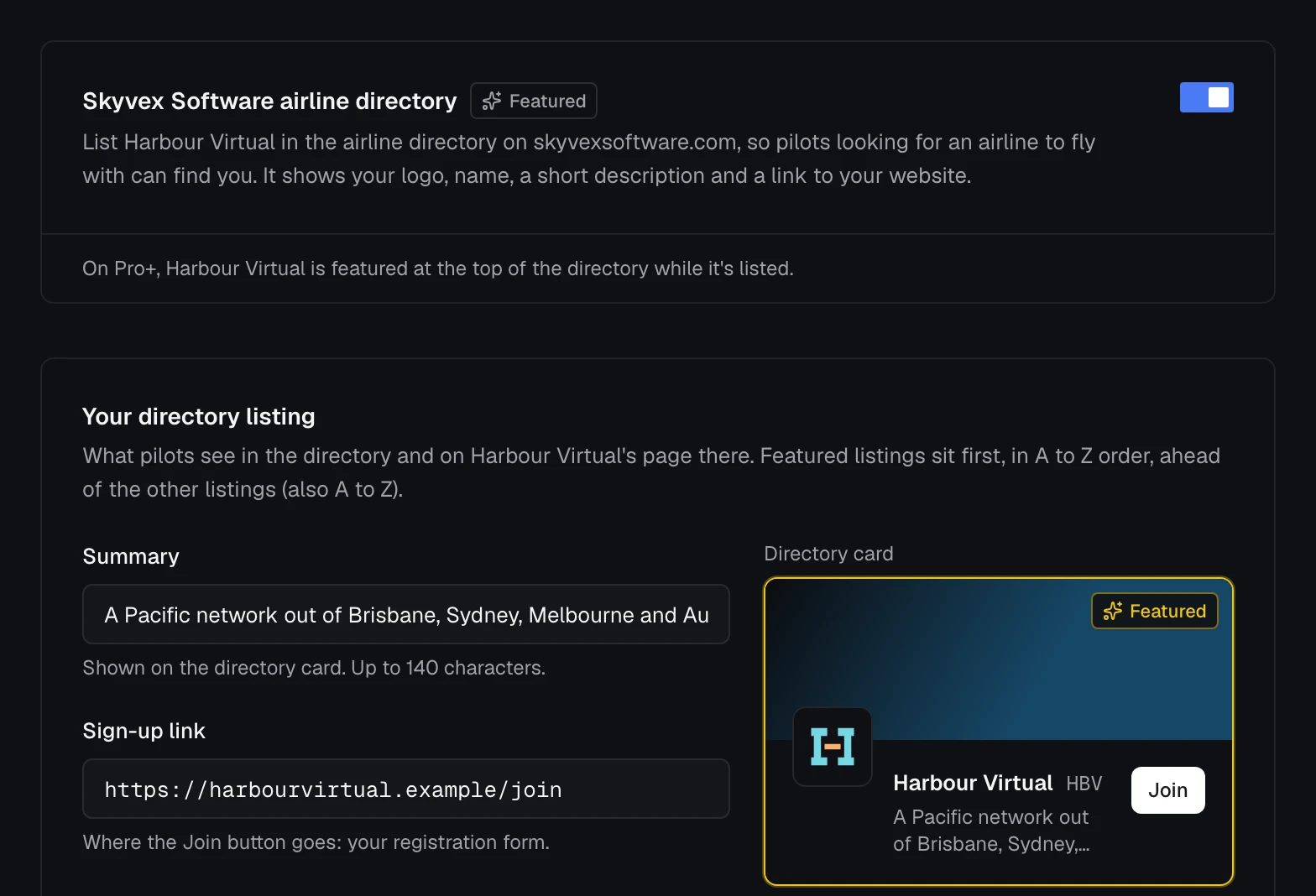 Settings, Listing tab: the Skyvex Software airline directory switch, and the summary, sign-up link and Discord invite beside a preview of the directory card
