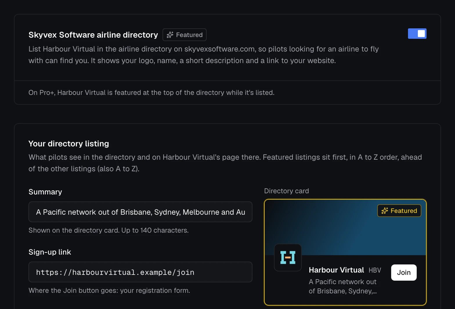 Settings, Listing tab: the Skyvex Software airline directory switch, and the summary, sign-up link and Discord invite beside a preview of the directory card