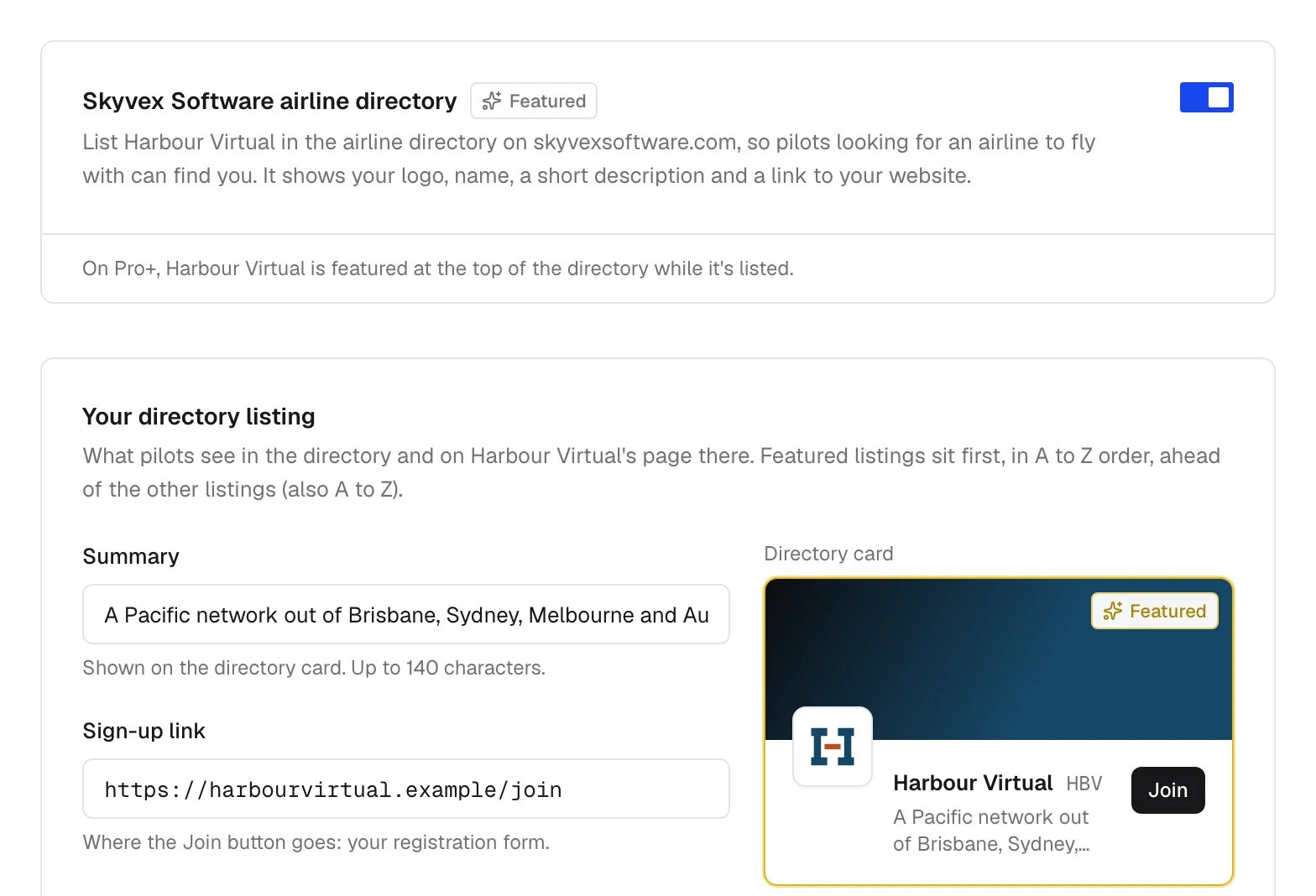 Settings, Listing tab: the Skyvex Software airline directory switch, and the summary, sign-up link and Discord invite beside a preview of the directory card