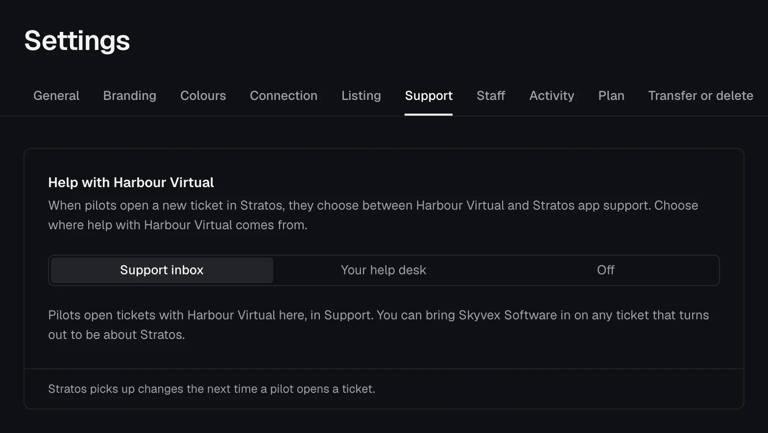 Settings, Support tab: where pilots get help with the airline, with Support inbox chosen