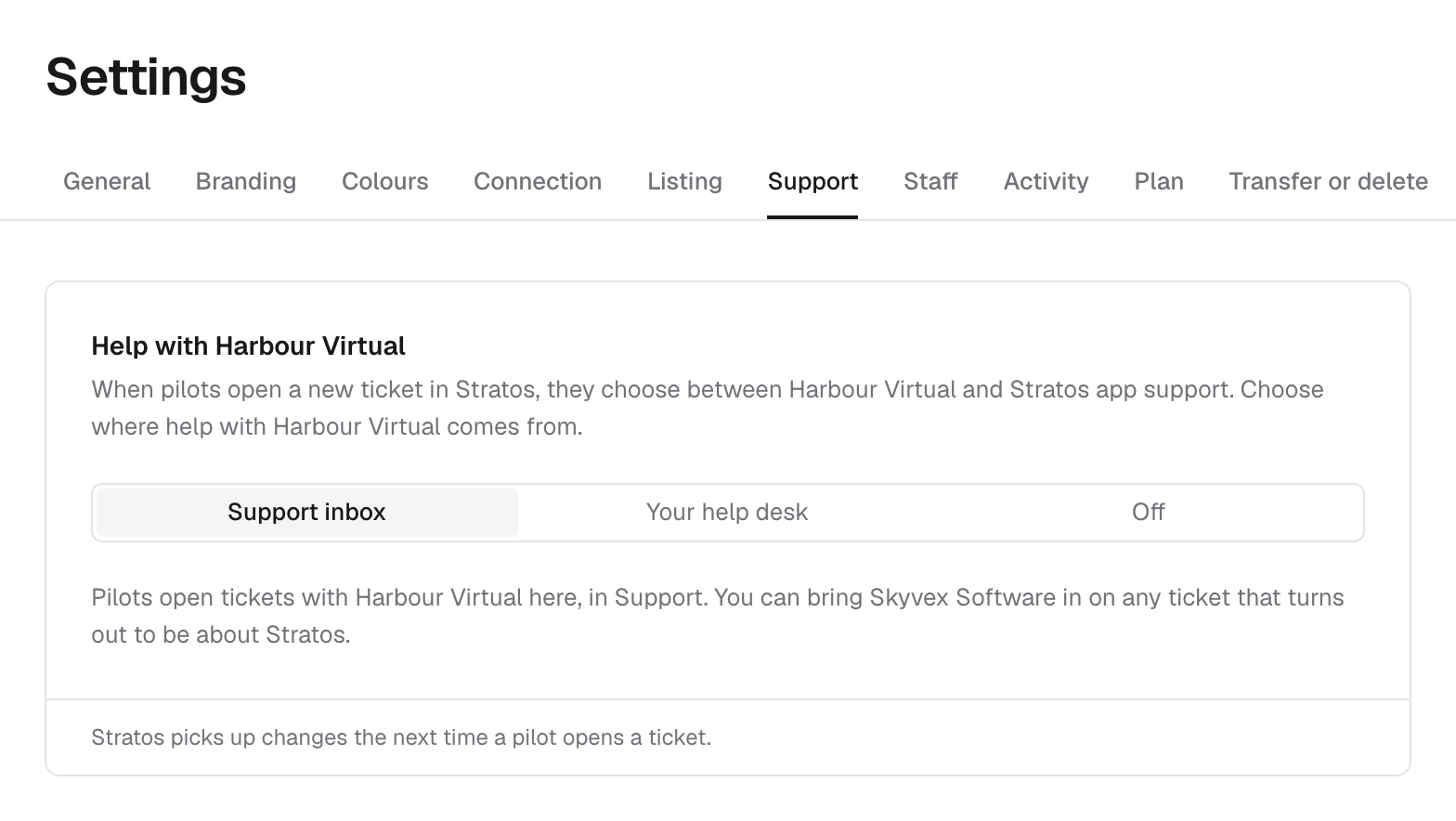 Settings, Support tab: where pilots get help with the airline, with Support inbox chosen