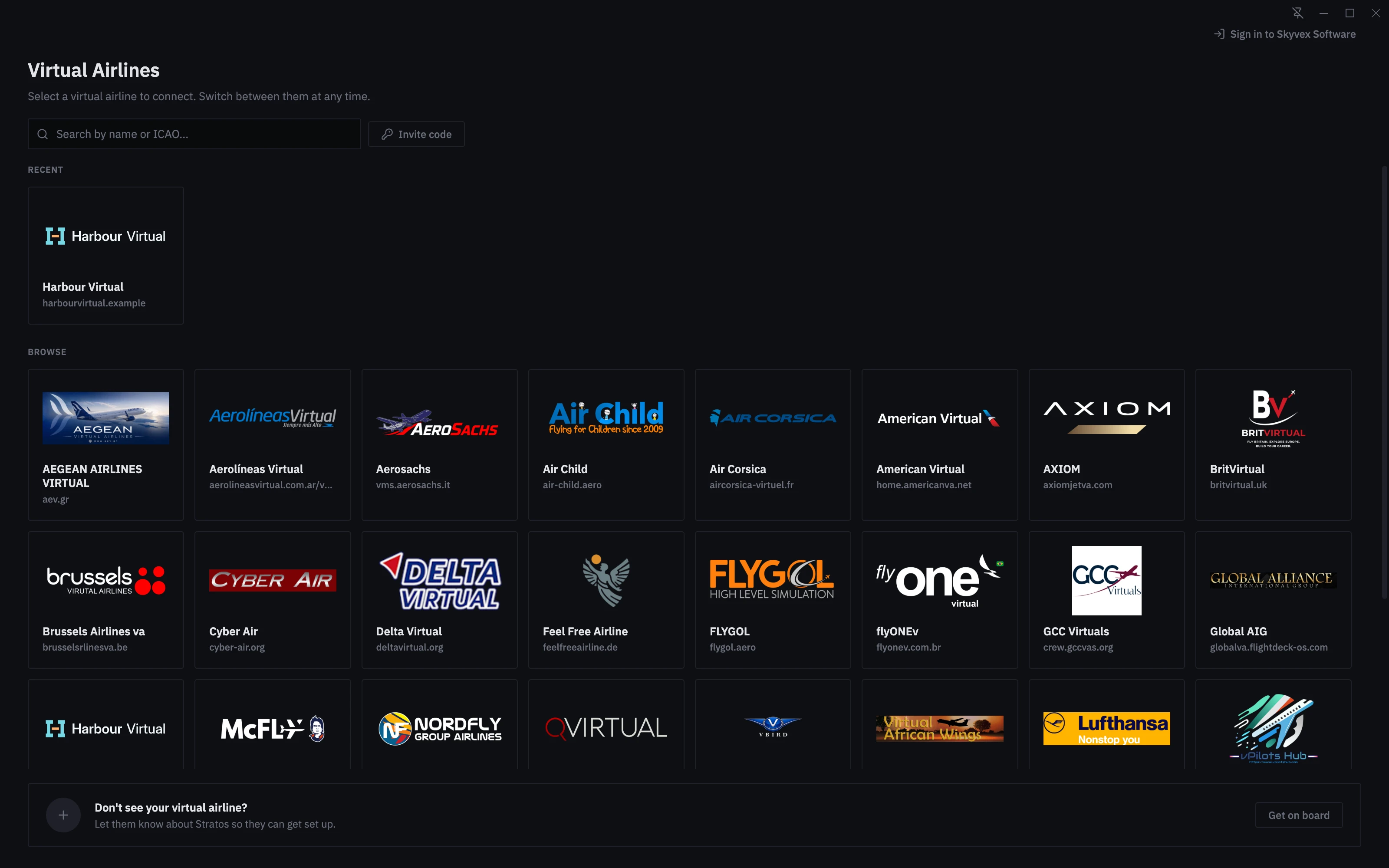Virtual Airlines: Harbour Virtual under Recent, and every airline on Stratos to browse or search