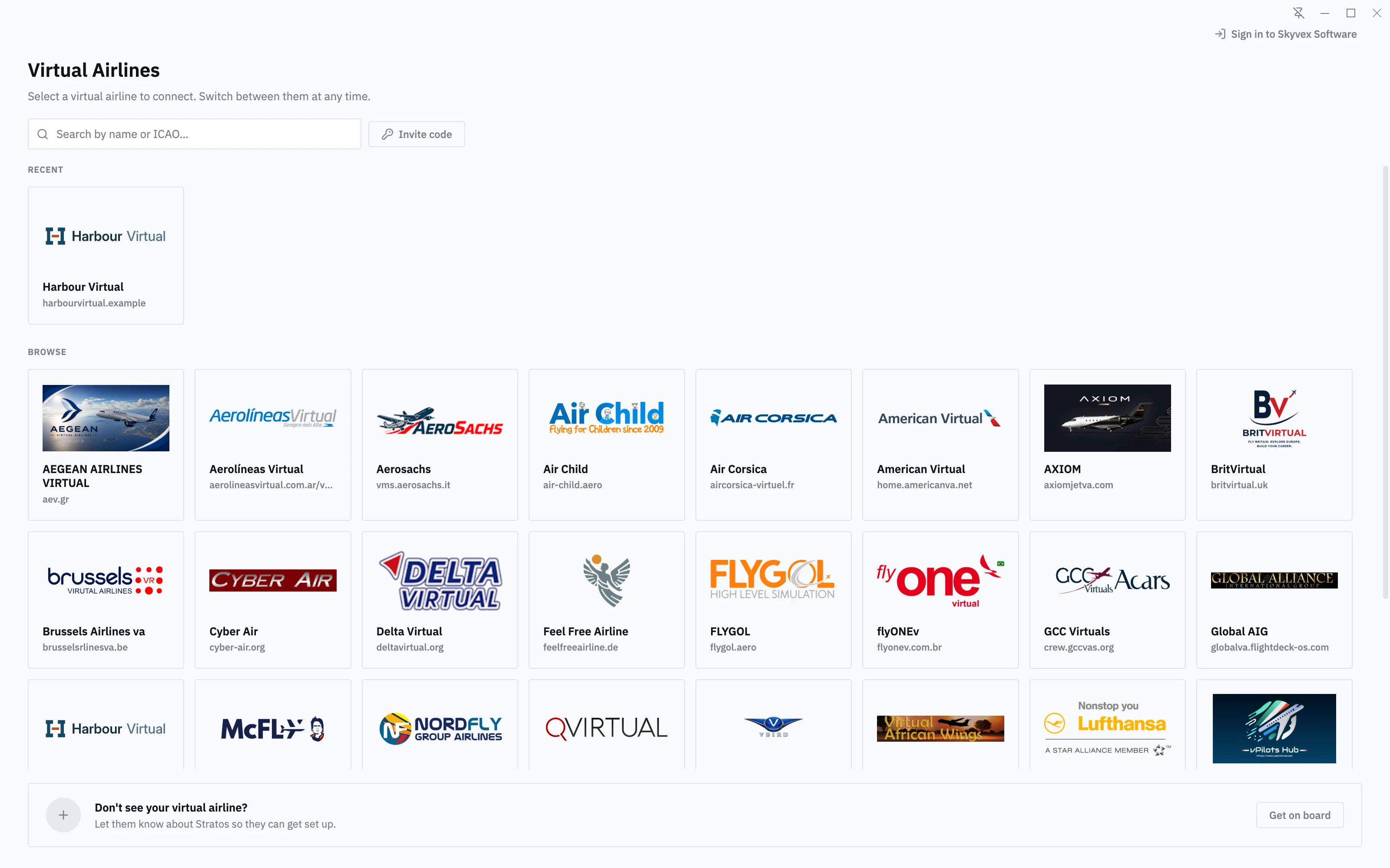 Virtual Airlines: Harbour Virtual under Recent, and every airline on Stratos to browse or search