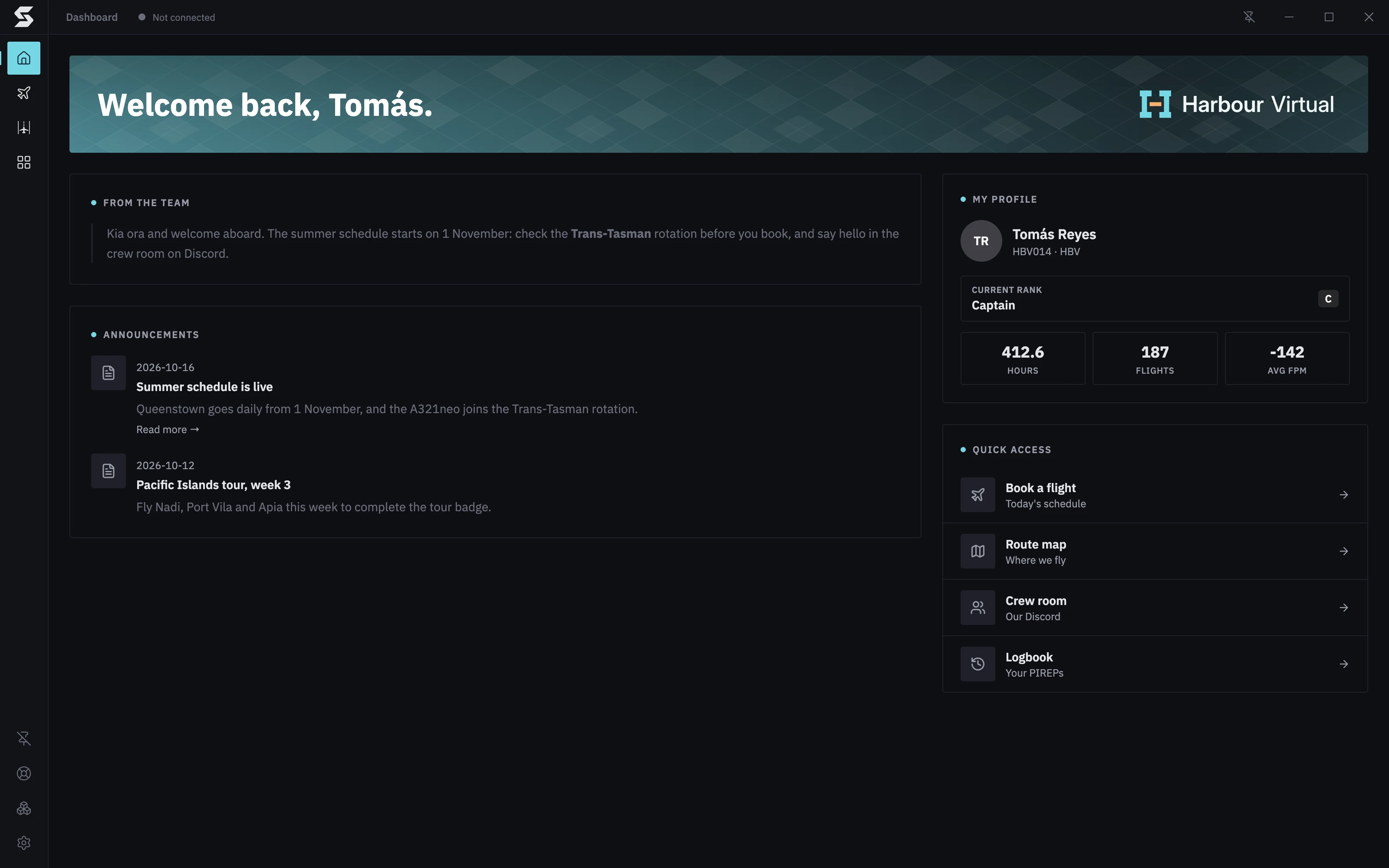 The Dashboard: the welcome banner, From the Team, Harbour Virtual's announcements, My Profile and Quick Access