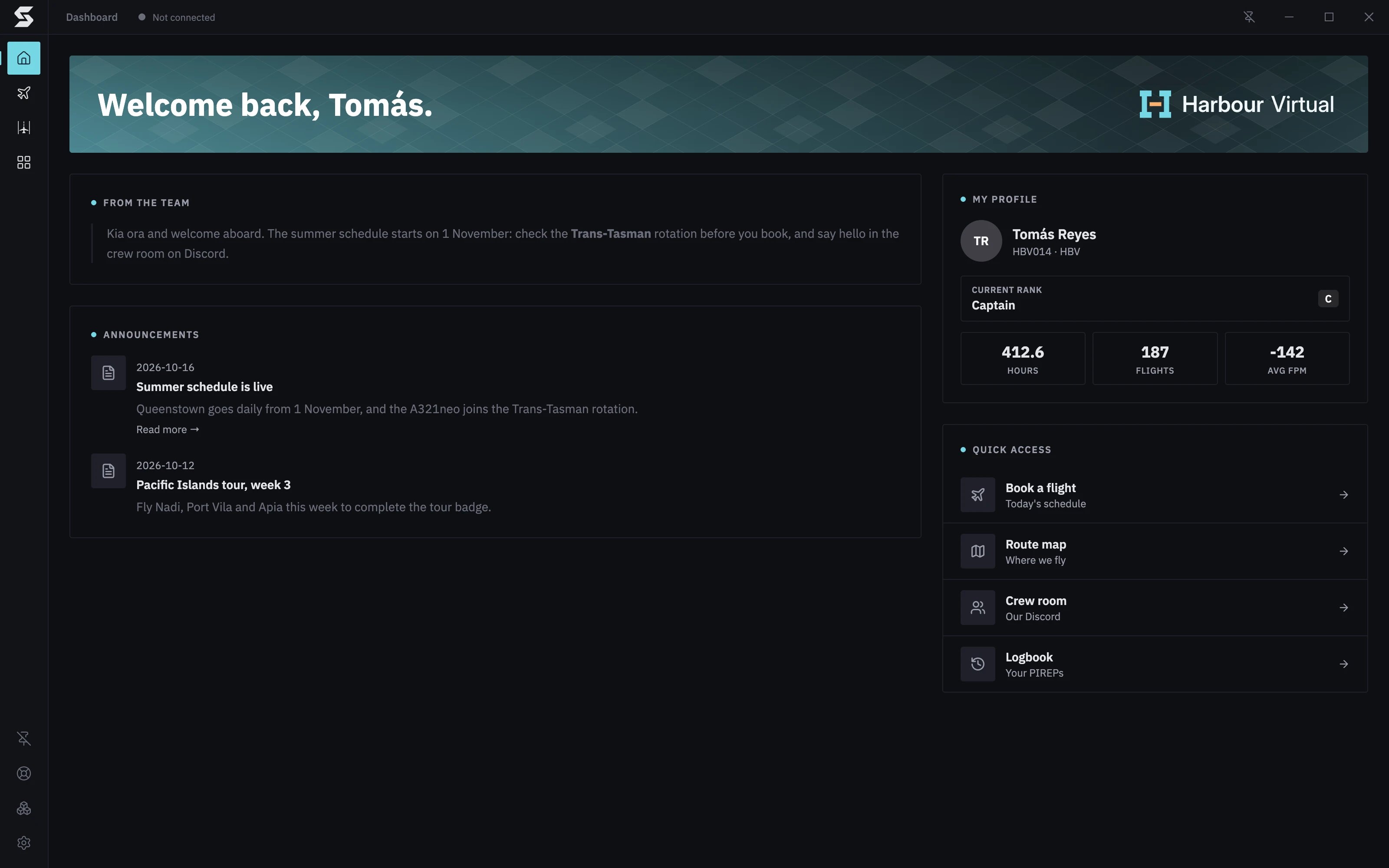The Dashboard: the welcome banner, From the Team, Harbour Virtual's announcements, My Profile and Quick Access